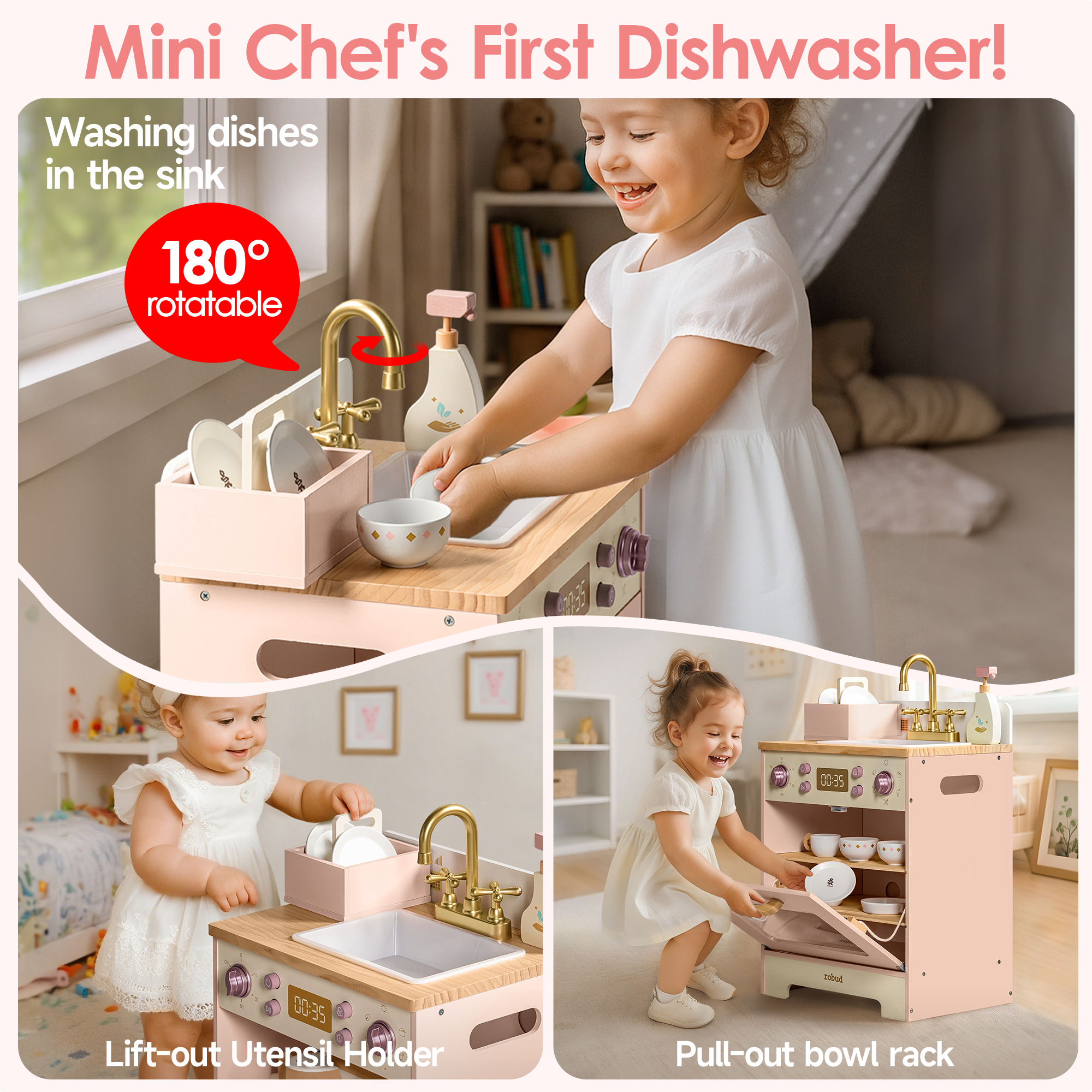 ROBUD Wooden Pink Dishwasher
