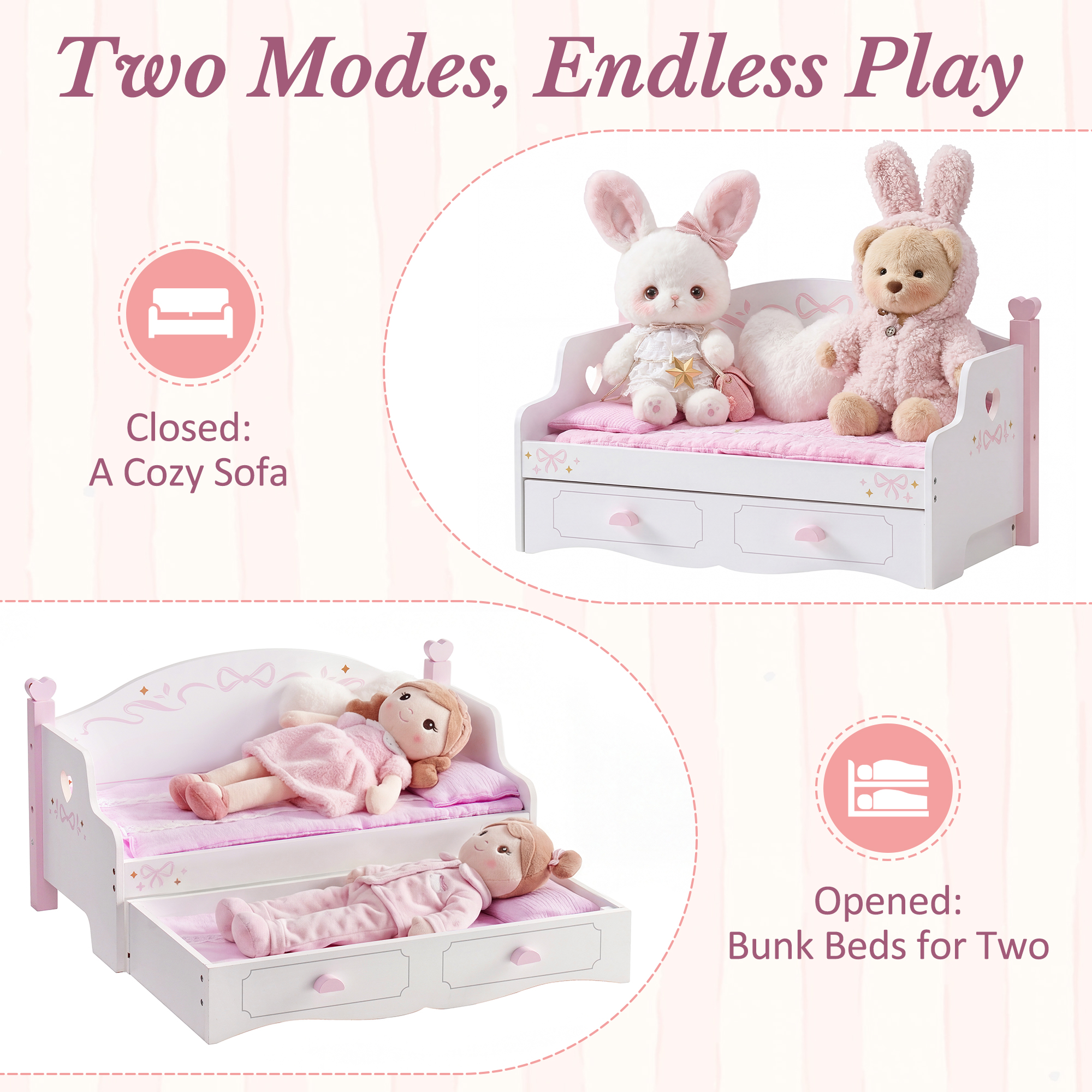 ROBUD Wooden All-in-One Baby Doll Doll Bunk Bed Sofa with Mattress