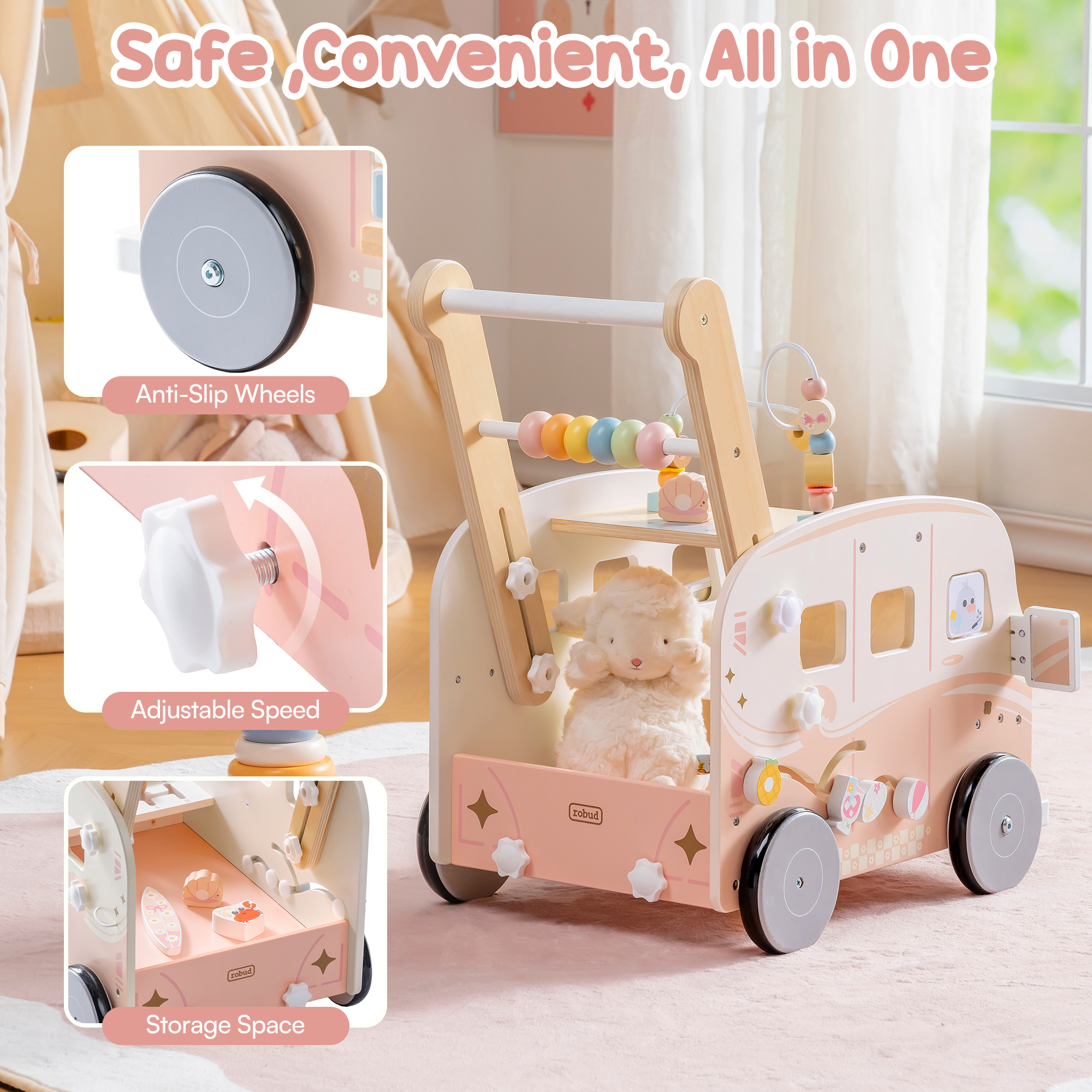 ROBUD Wooden Baby Push Walker - Vacaction Bus