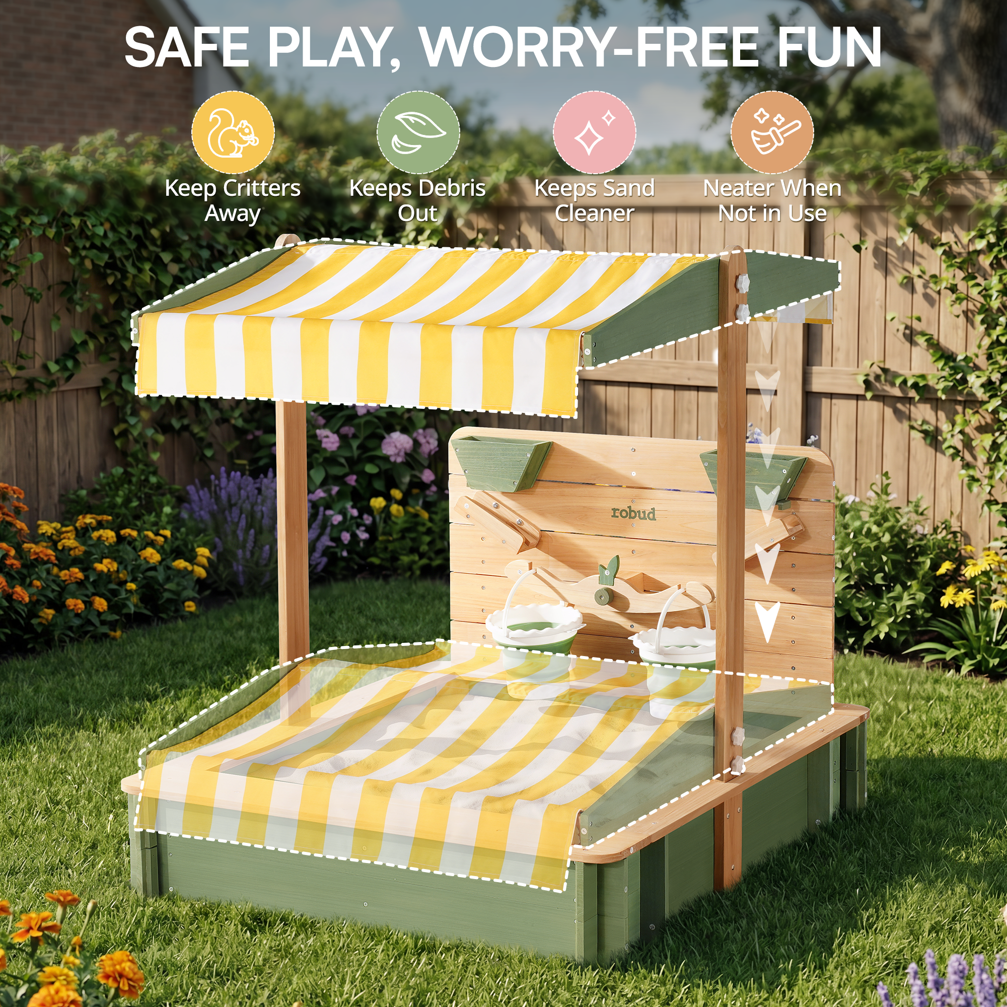 ROBUD Kids Wooden Outdoor Sandbox with 180° Adjustable Canopy
