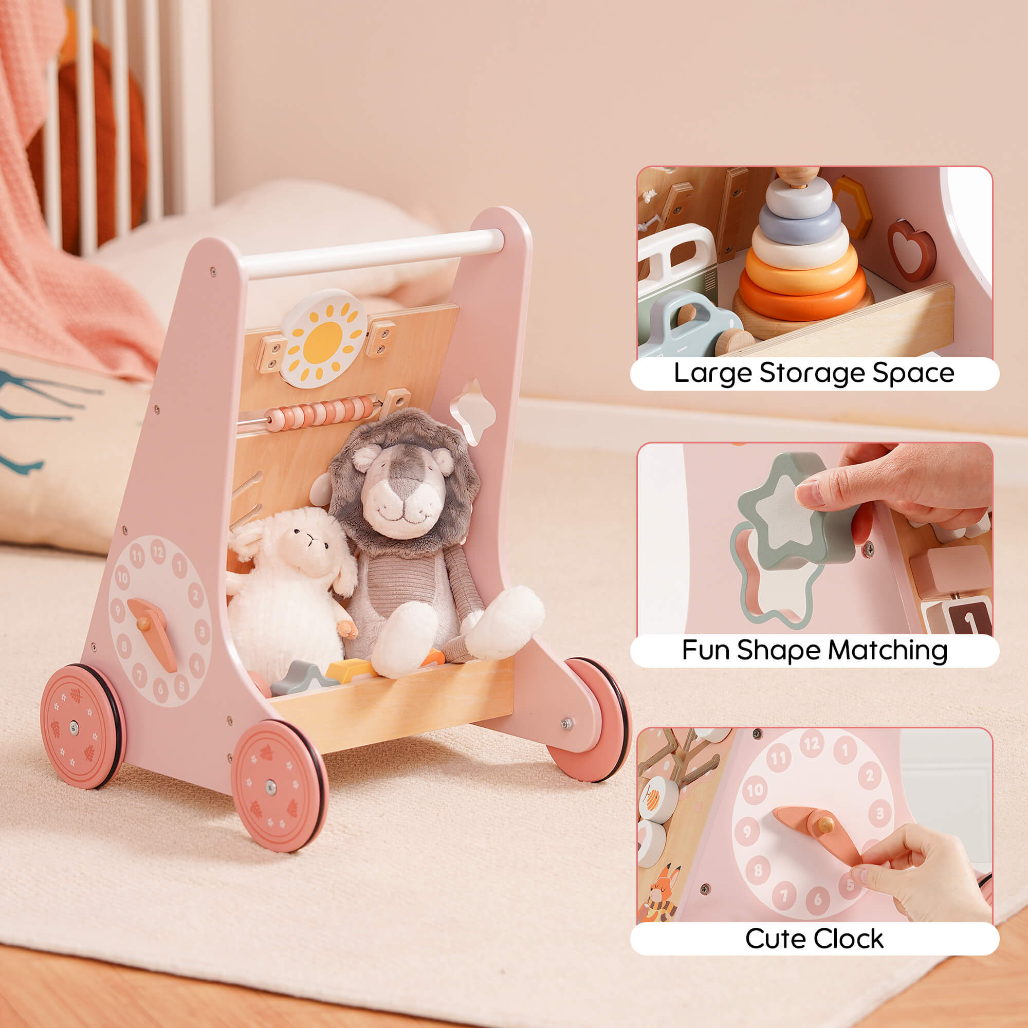 ROBUD Wooden Pink Baby Walker