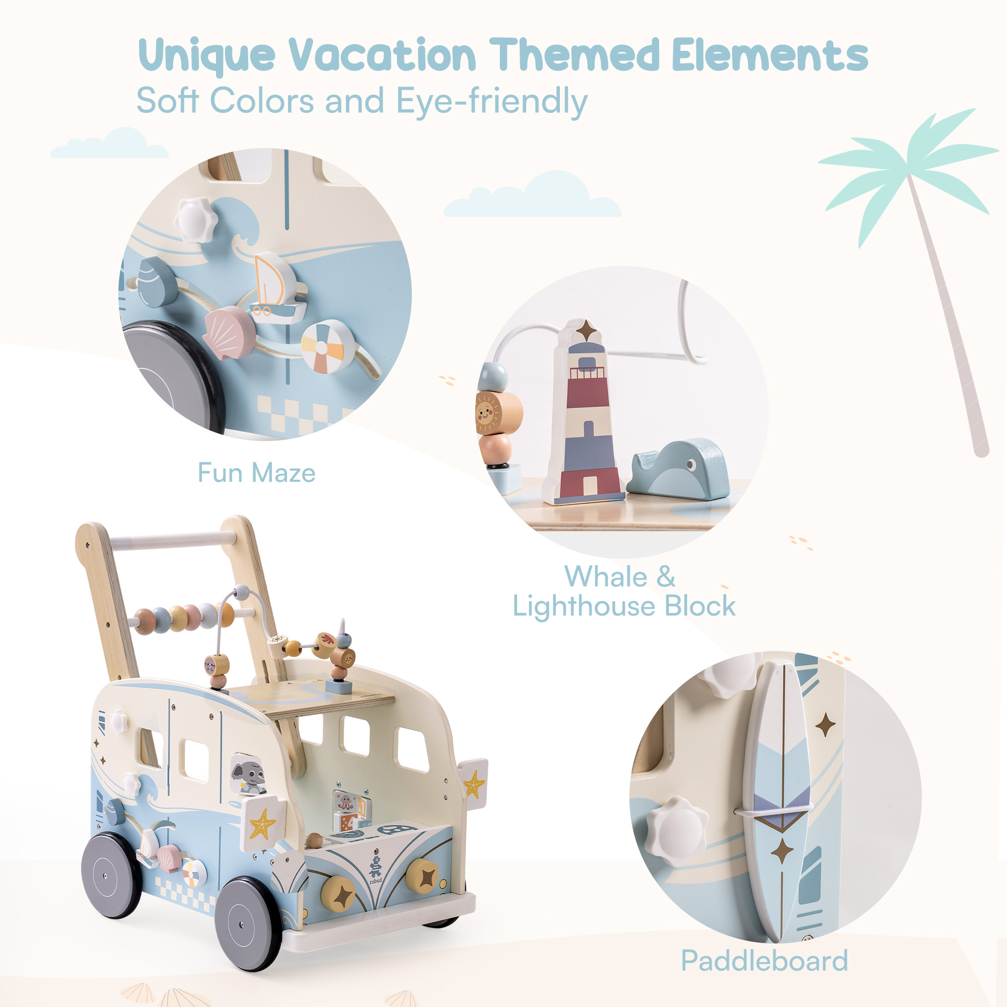 ROBUD Wooden Baby Push Walker - Vacaction Bus