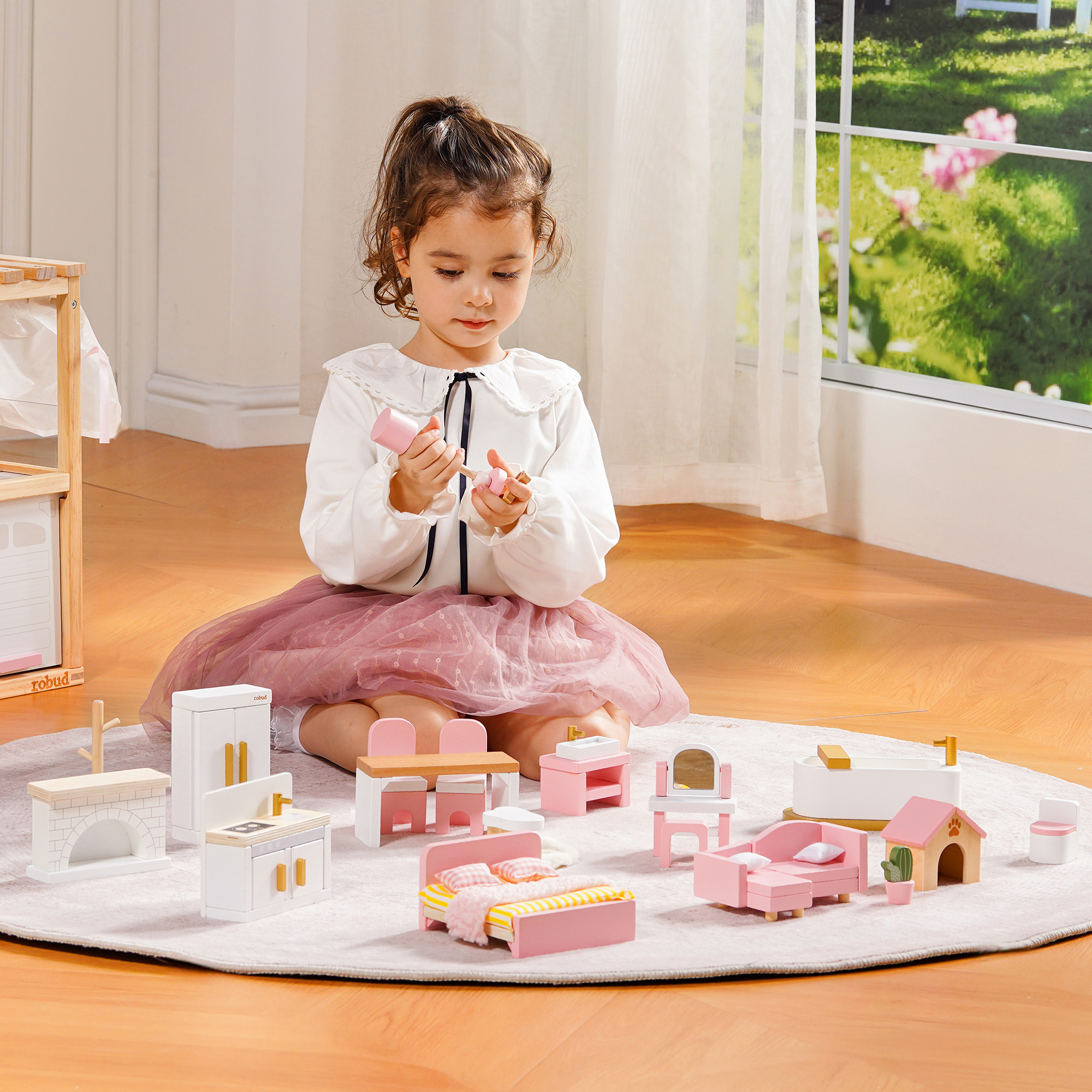 ROBUD Wooden Dollhouse Furniture Set - Pink