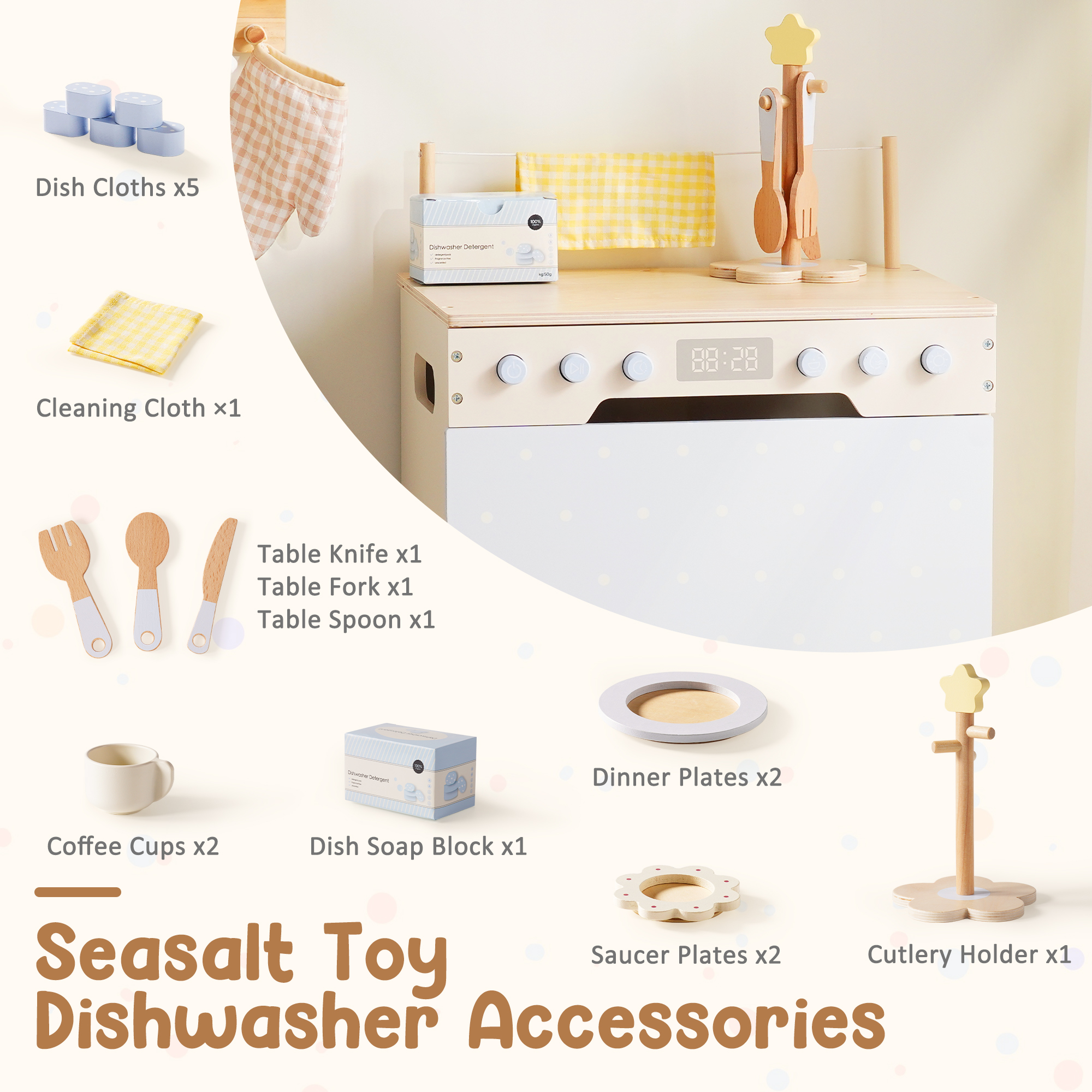 ROBUD Toy Wooden Dishwasher Playset
