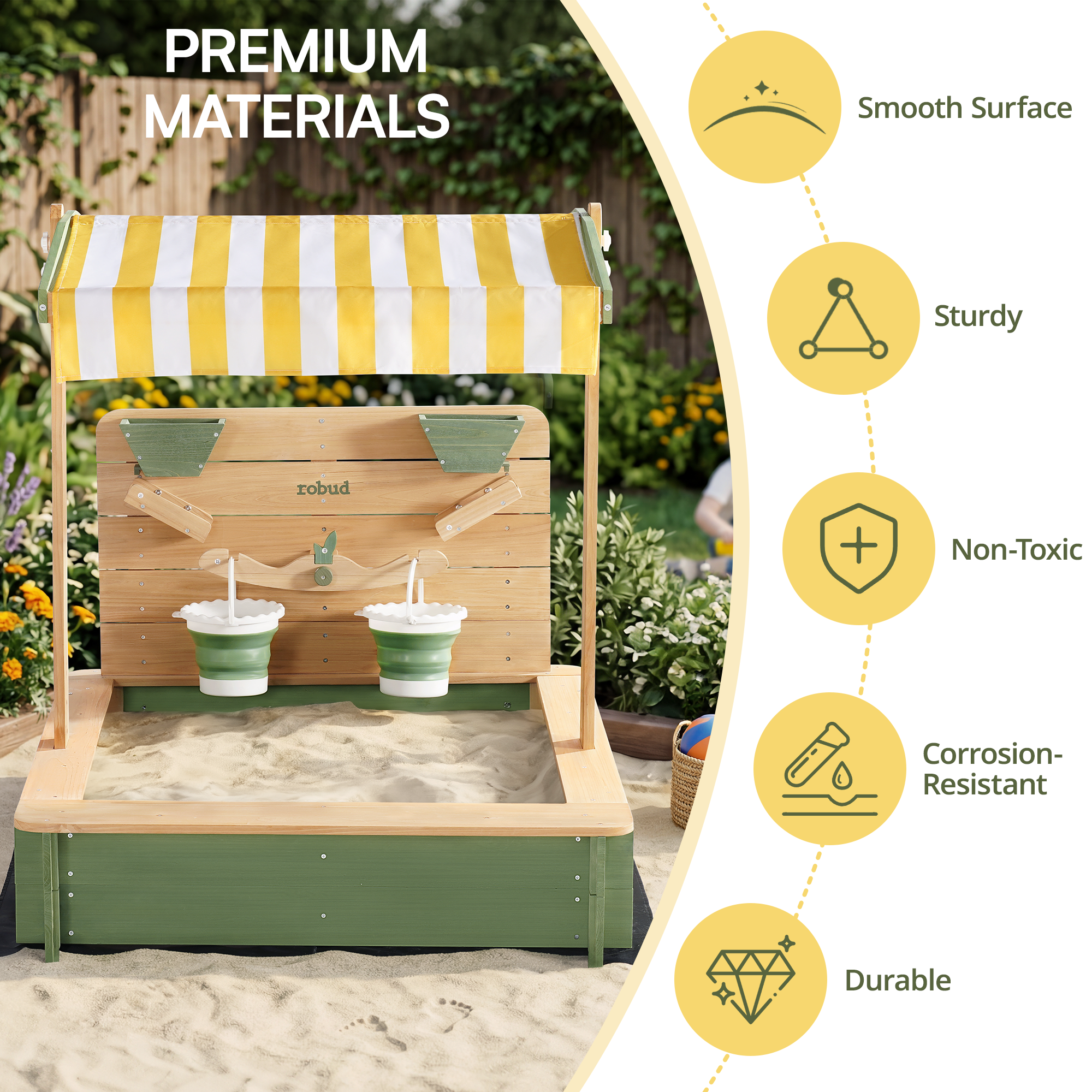 ROBUD Kids Wooden Outdoor Sandbox with 180° Adjustable Canopy
