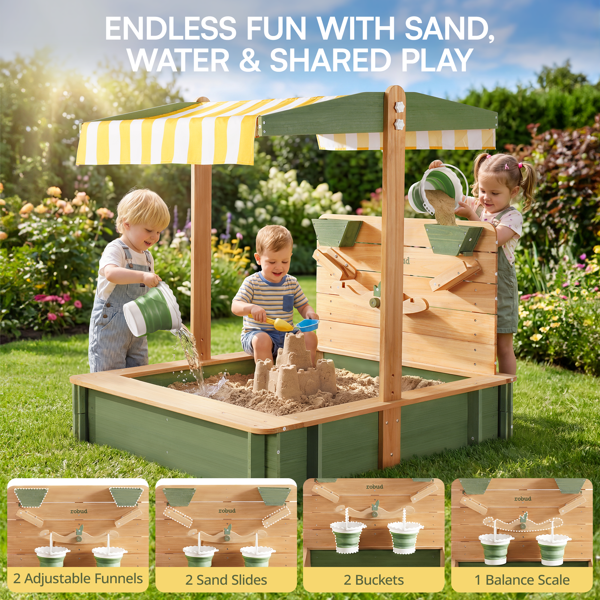 ROBUD Kids Wooden Outdoor Sandbox with 180° Adjustable Canopy