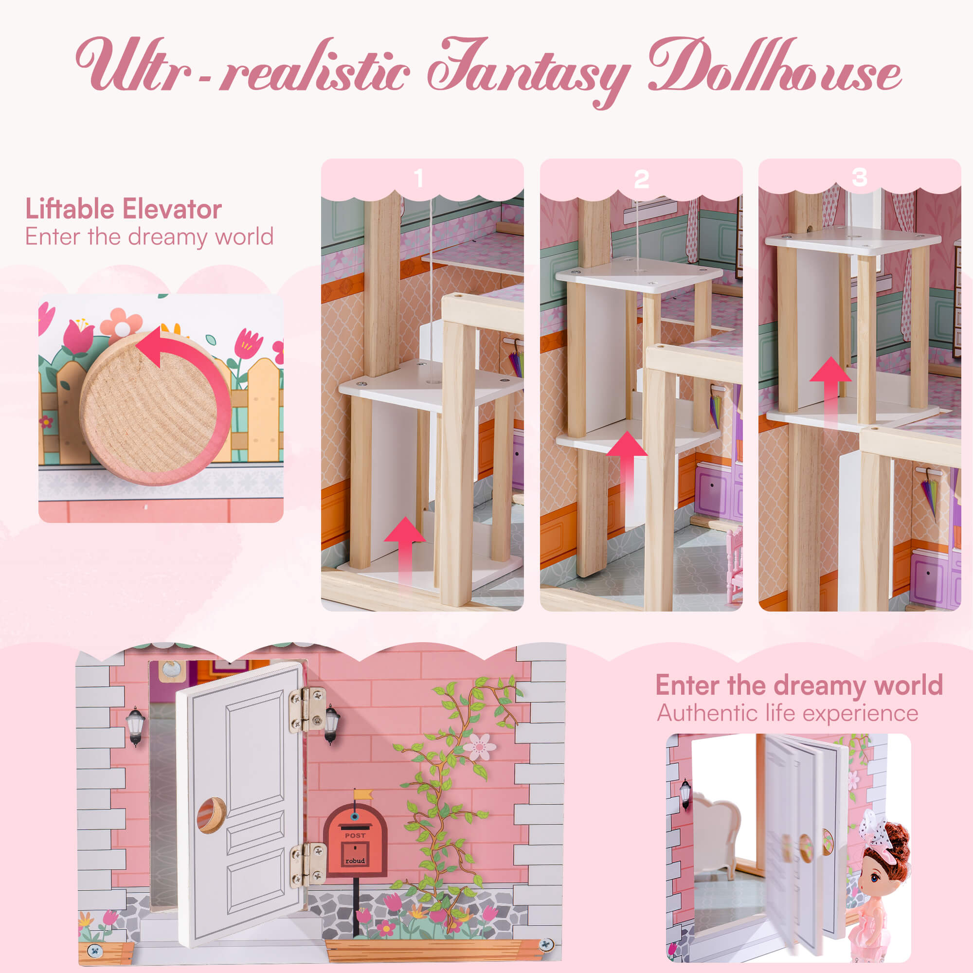 ROBUD Wooden Dollhouse with Elevator 20pcs Furniture 3-Storey Preschool WDH04