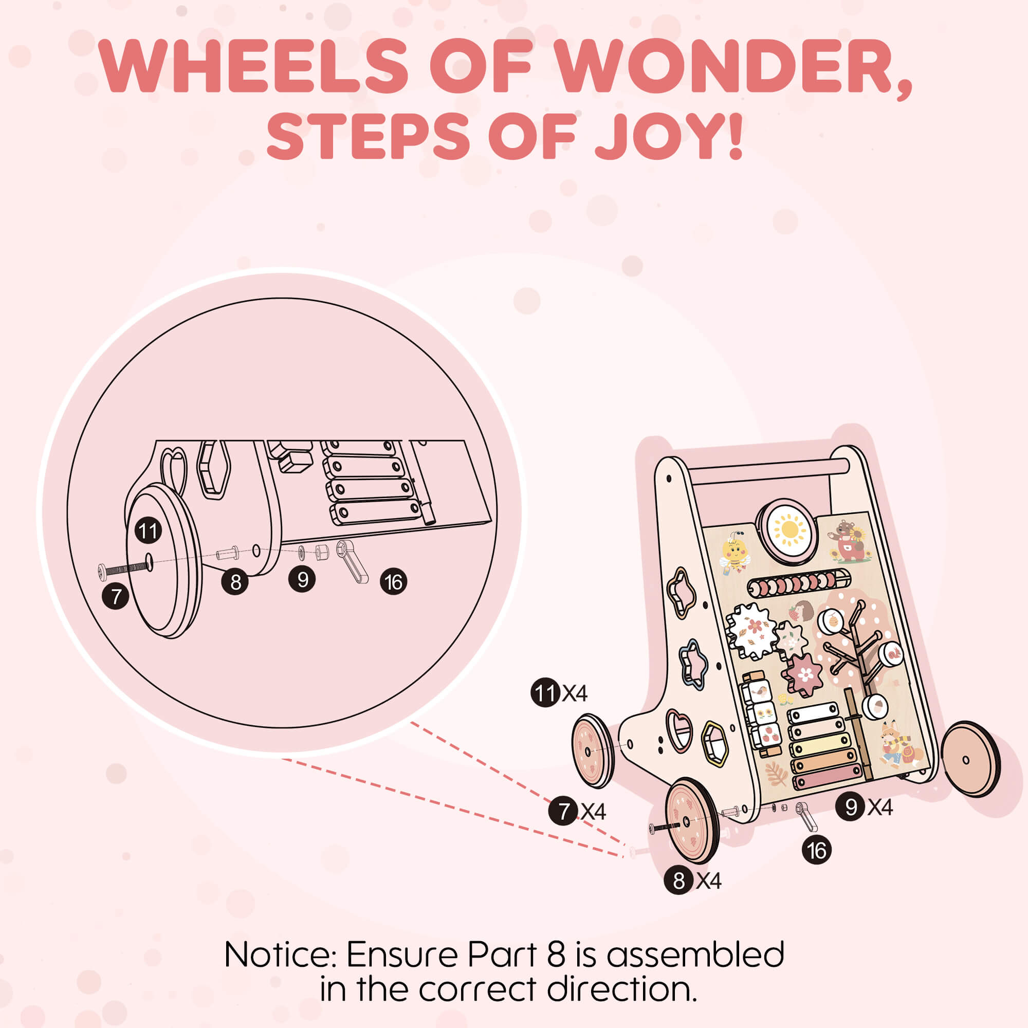 ROBUD Wooden Pink Baby Walker