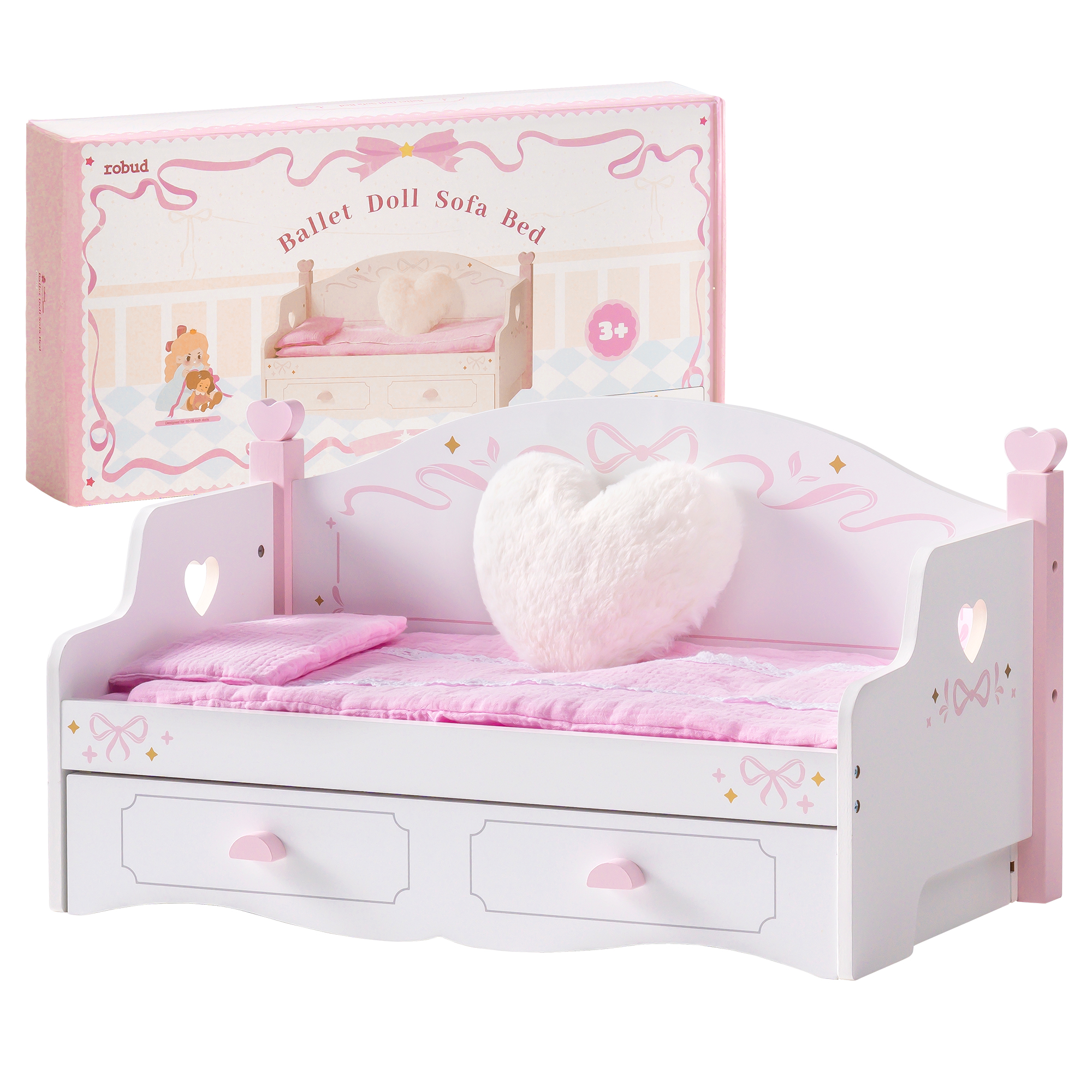 ROBUD Wooden All-in-One Baby Doll Doll Bunk Bed Sofa with Mattress
