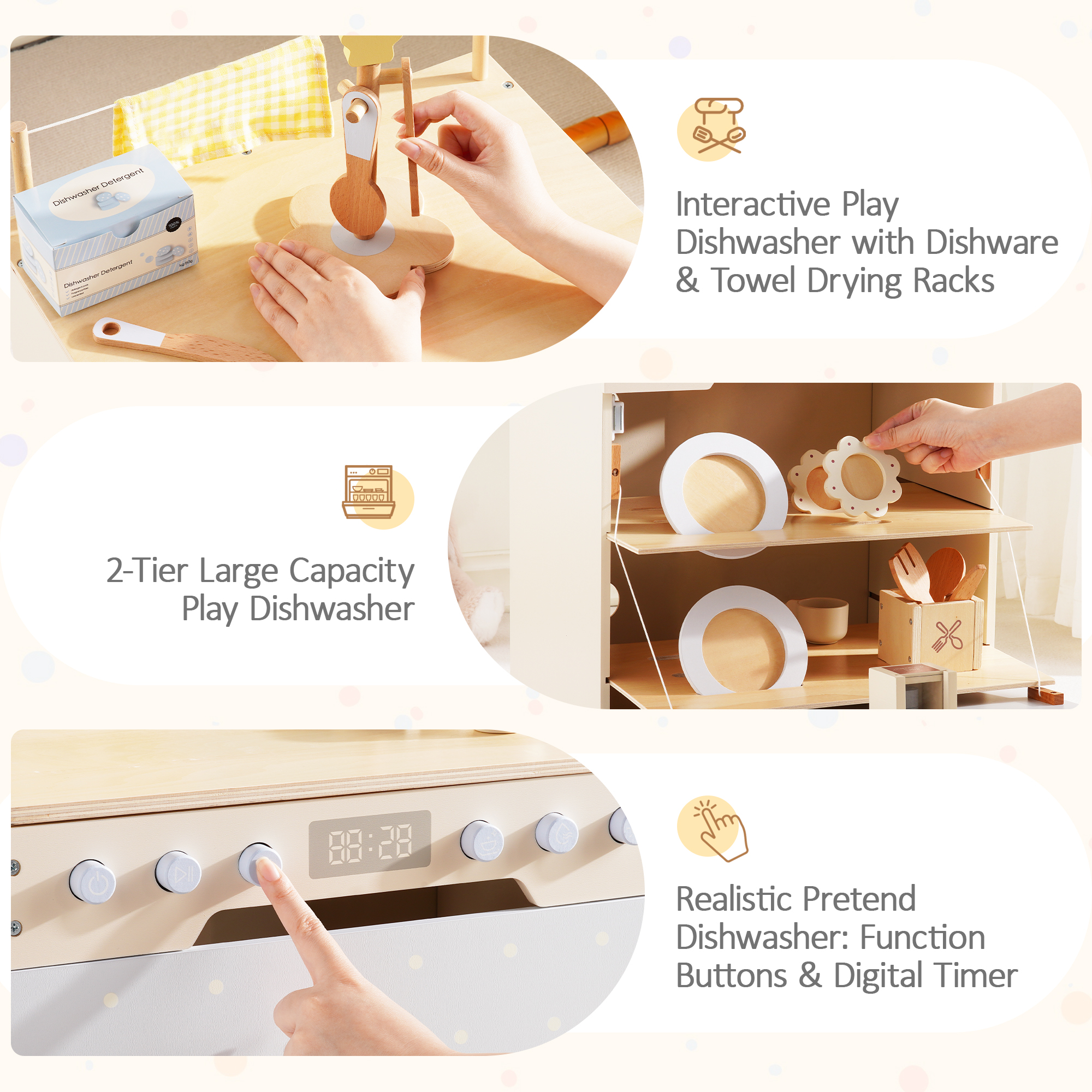 ROBUD Toy Wooden Dishwasher Playset