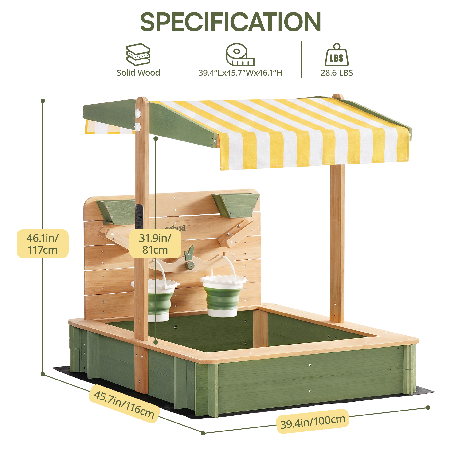 ROBUD Kids Wooden Outdoor Sandbox with 180° Adjustable Canopy