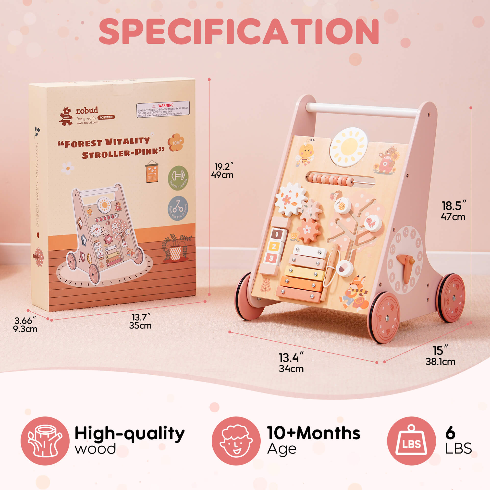 ROBUD Wooden Pink Baby Walker