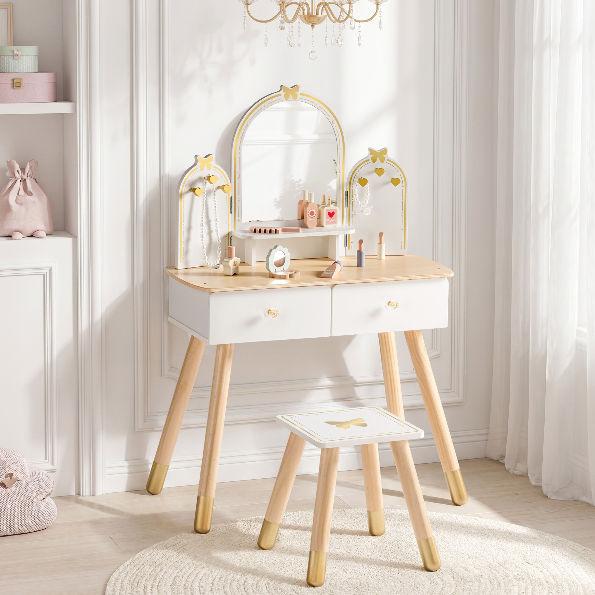 ROBUD Kids Vanity Table and Chair Set - White Gold