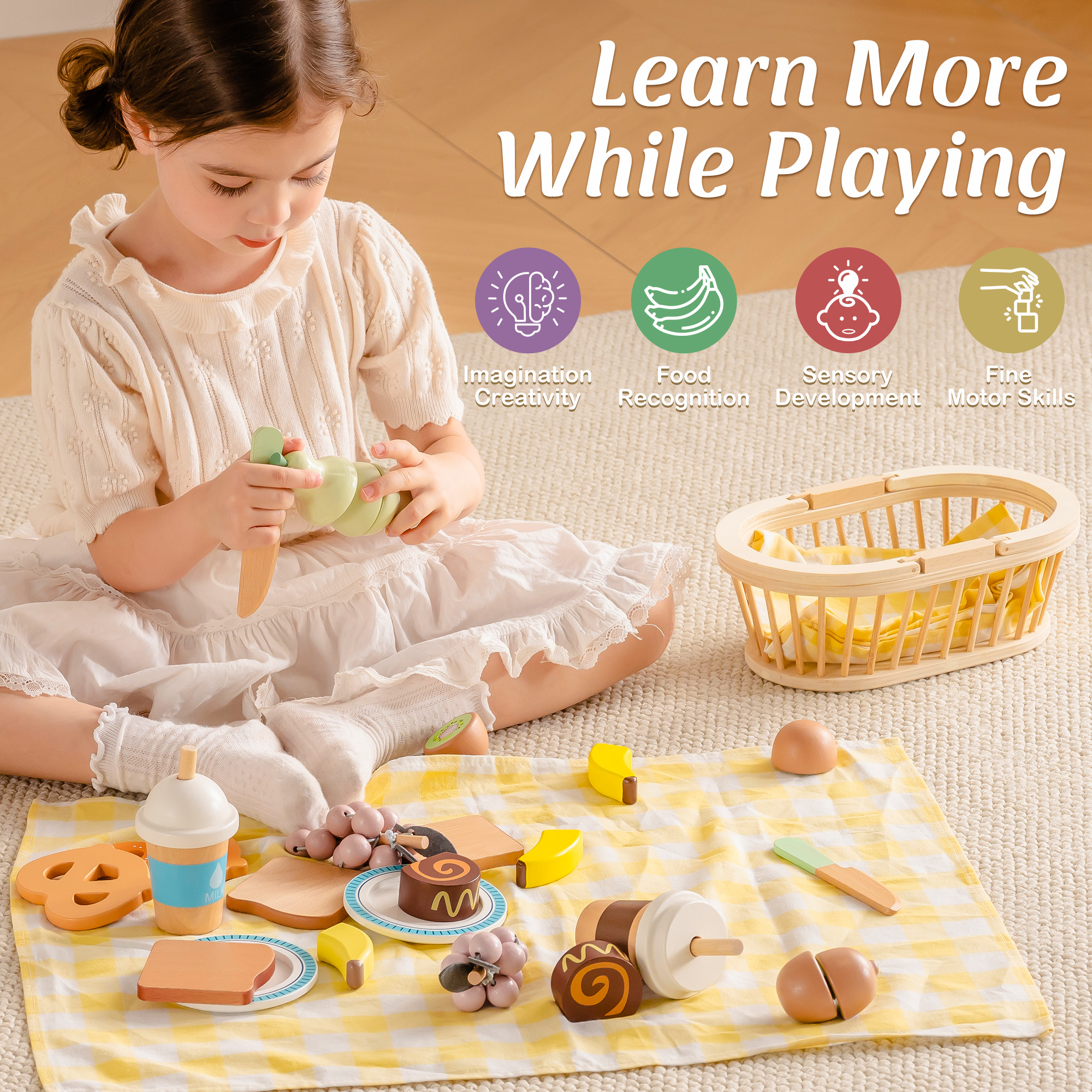 ROBUD Kids Wooden Picnic Play Food Set