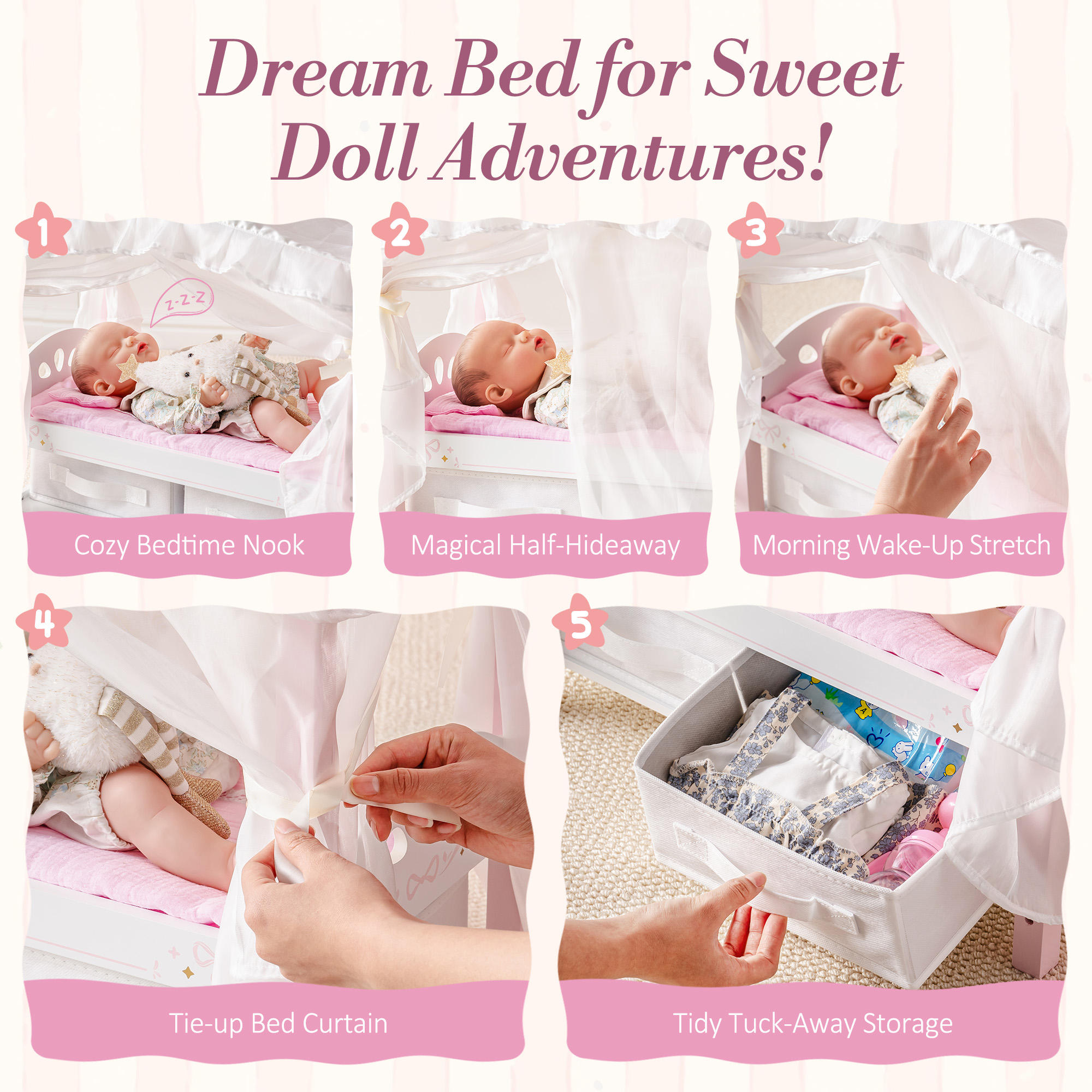 ROBUD Wooden Doll Canopy Bed for 18 Inch Dolls