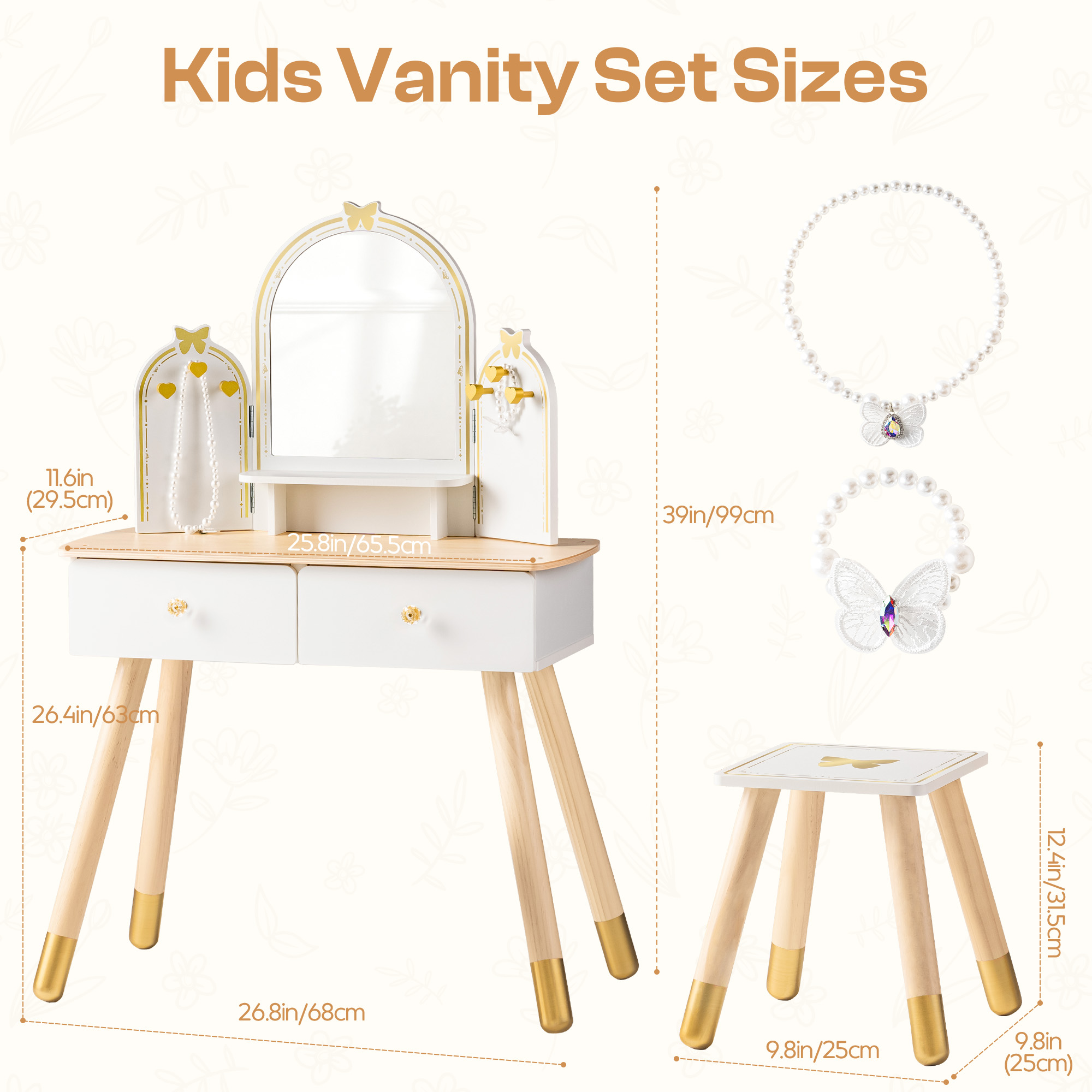 ROBUD Kids Vanity Table and Chair Set - White Gold
