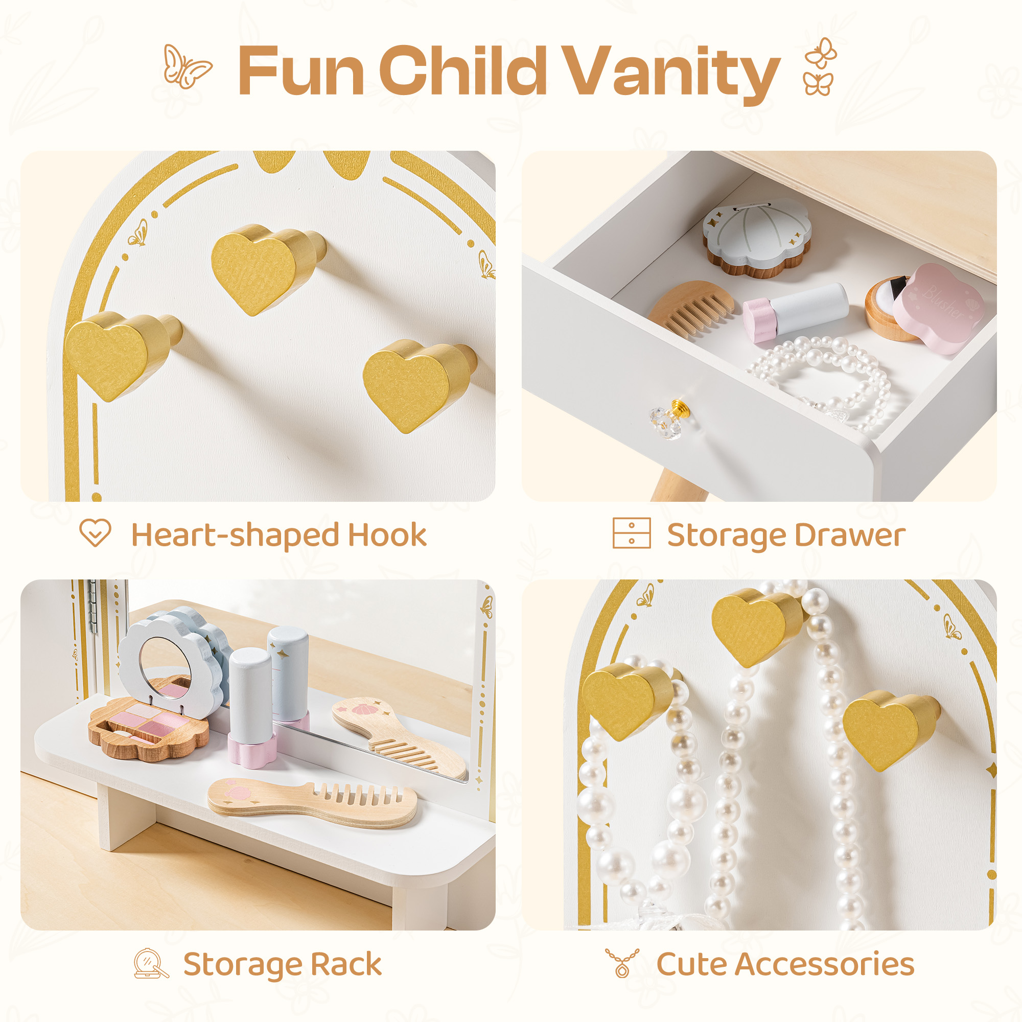 ROBUD Kids Vanity Table and Chair Set - White Gold