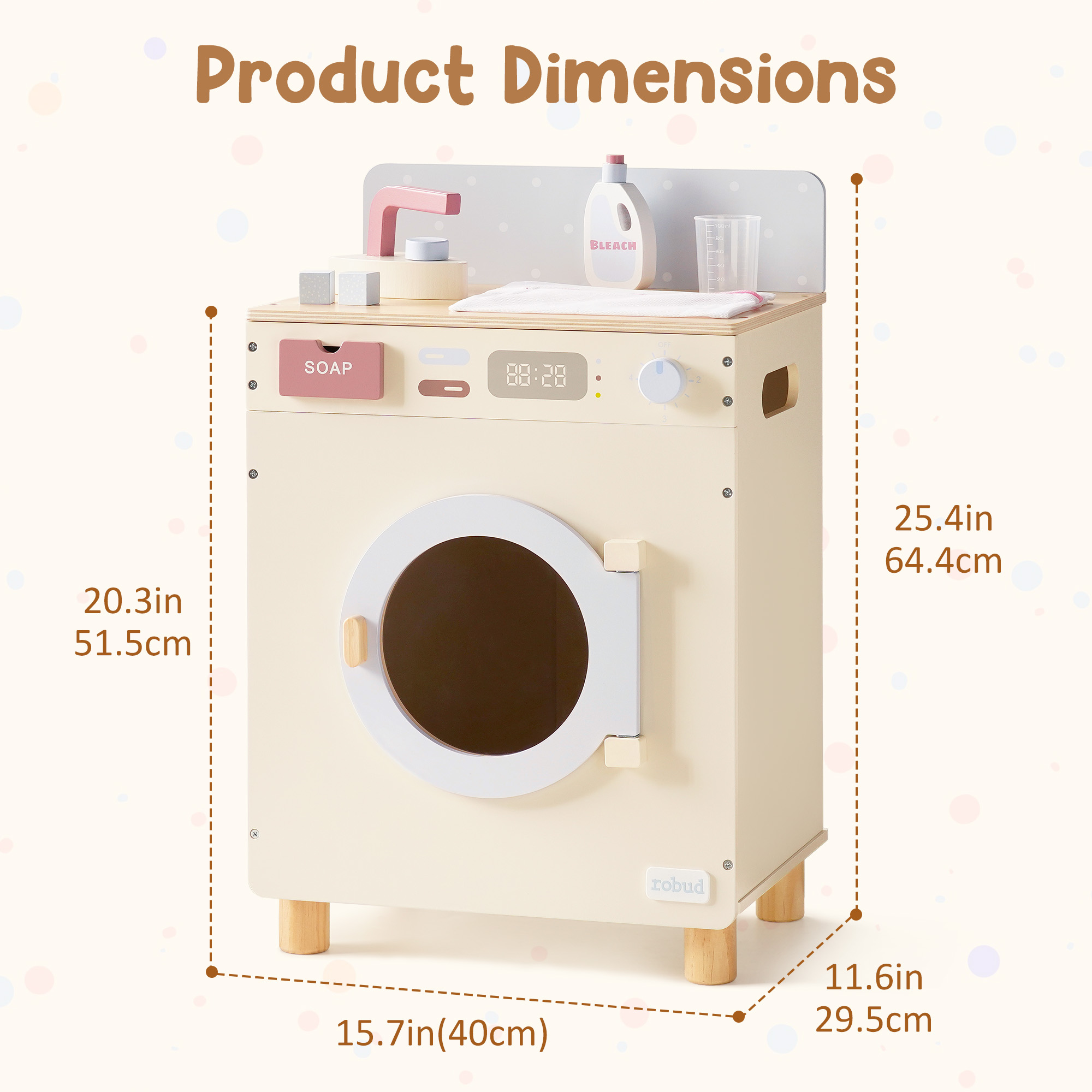 ROBUD Wooden Washing Machine Toy with Spinning Drum