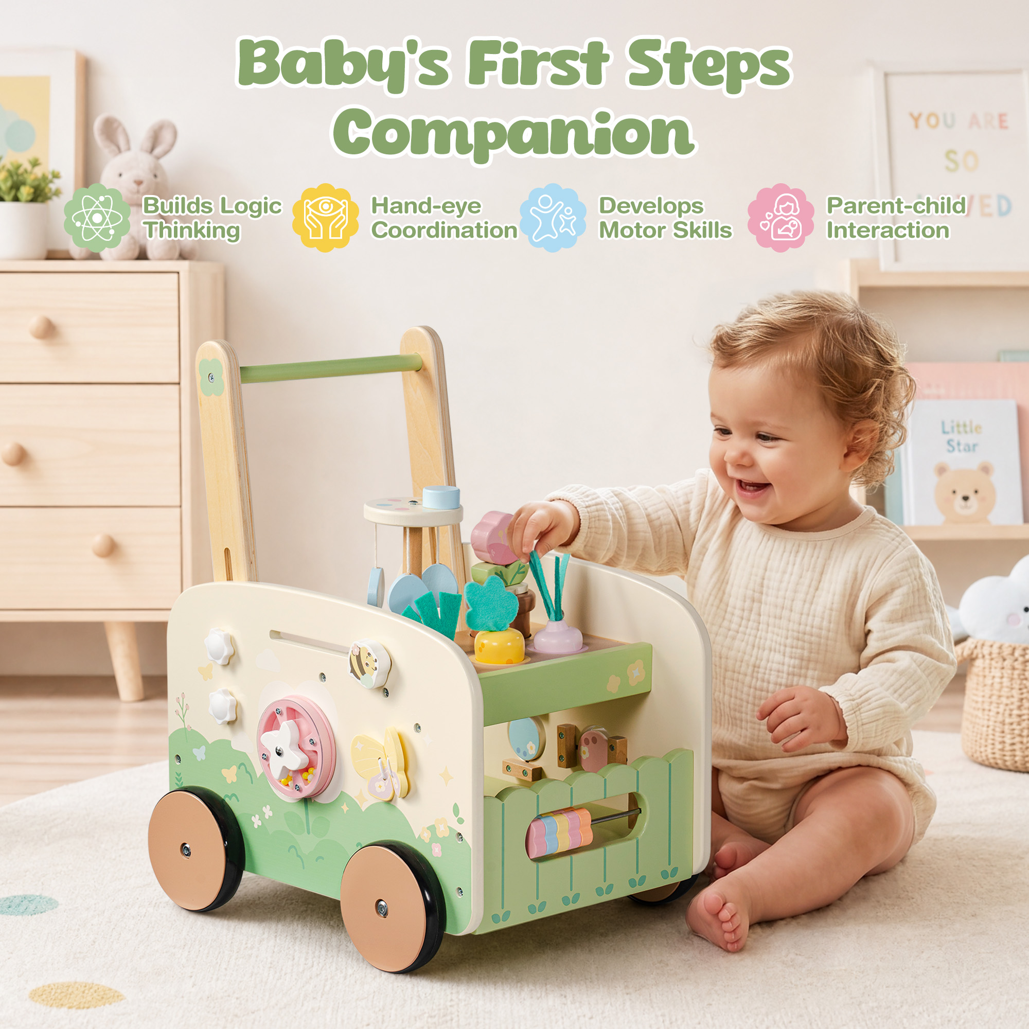 ROBUD Wooden Baby Walker with Garden Activity Center