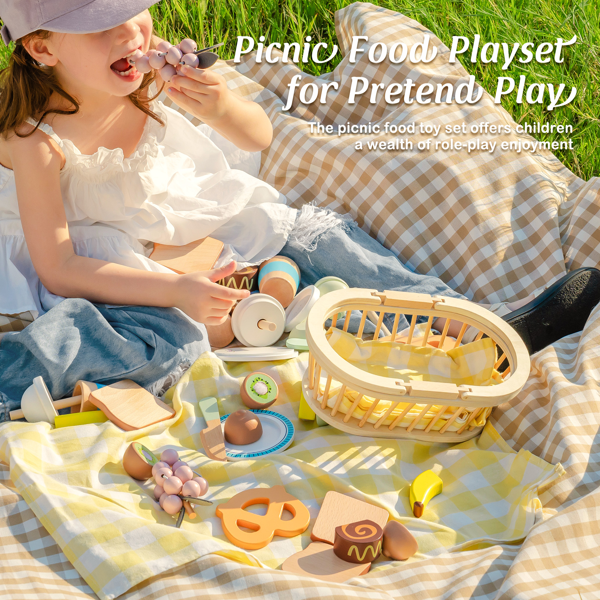 ROBUD Kids Wooden Picnic Play Food Set