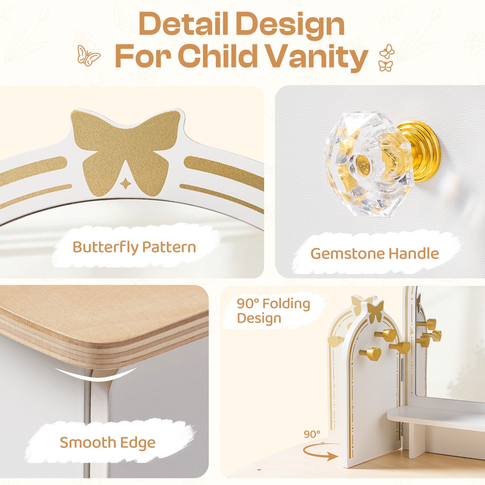 ROBUD Kids Vanity Table and Chair Set - White Gold