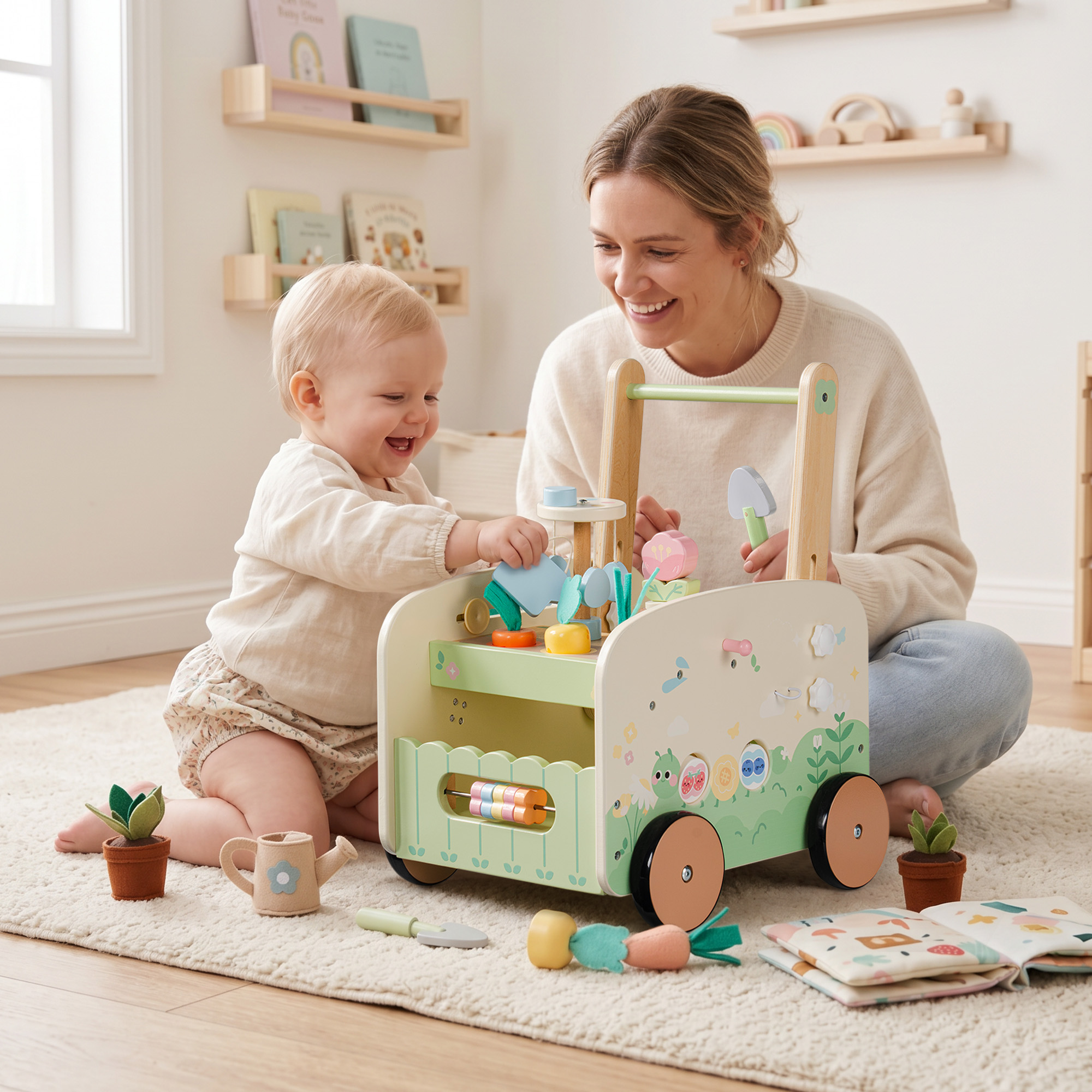 ROBUD Wooden Baby Walker with Garden Activity Center