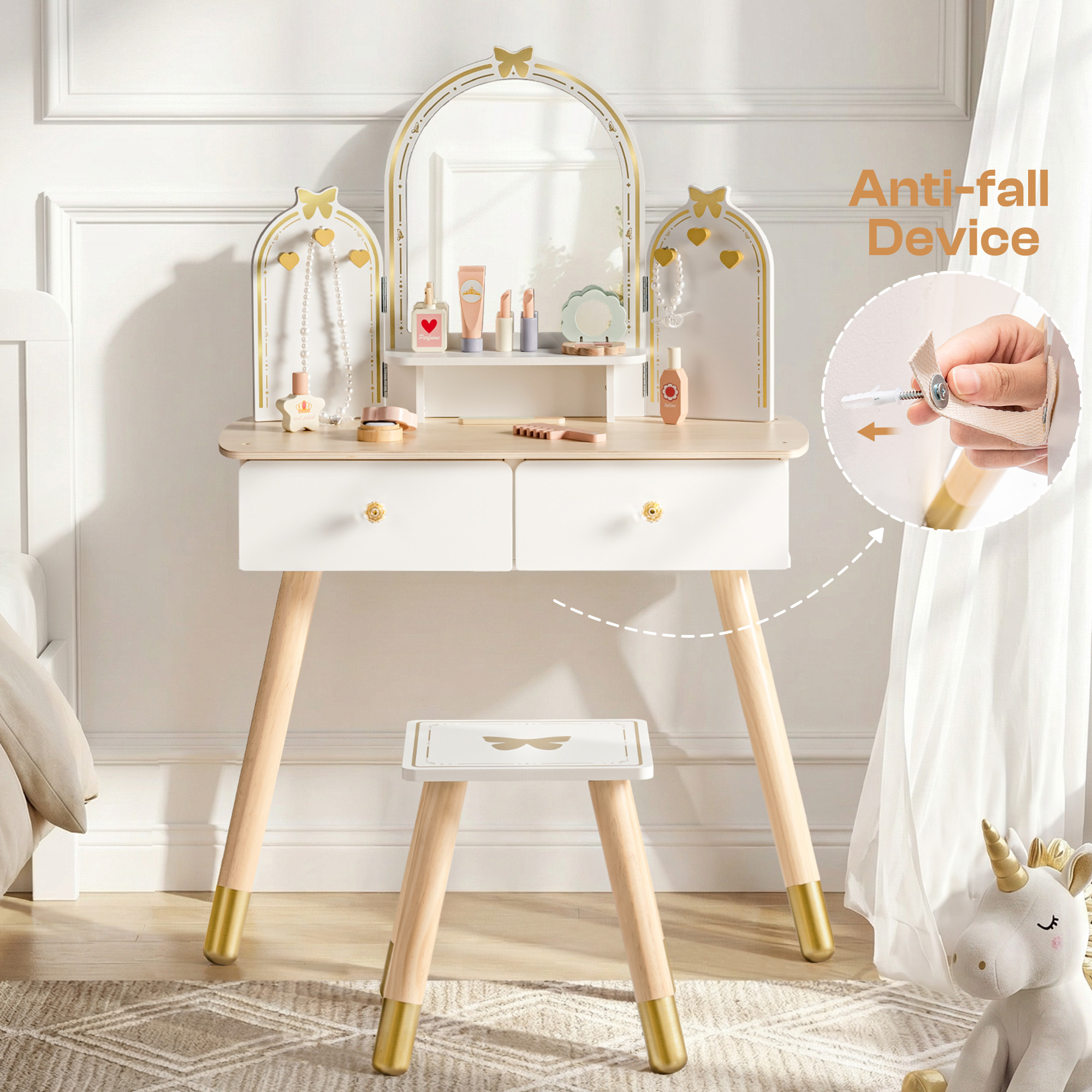 ROBUD Kids Vanity Table and Chair Set - White Gold