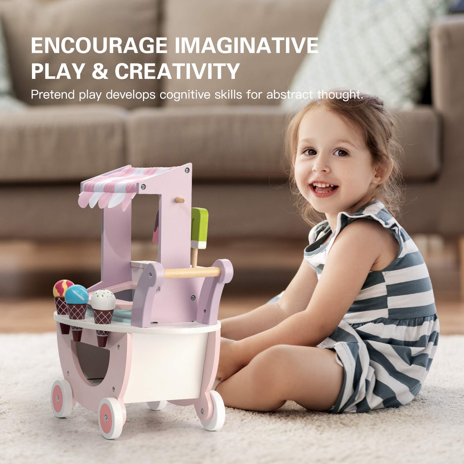 ROBUD Wooden Ice Cream Cart Toys for Kids