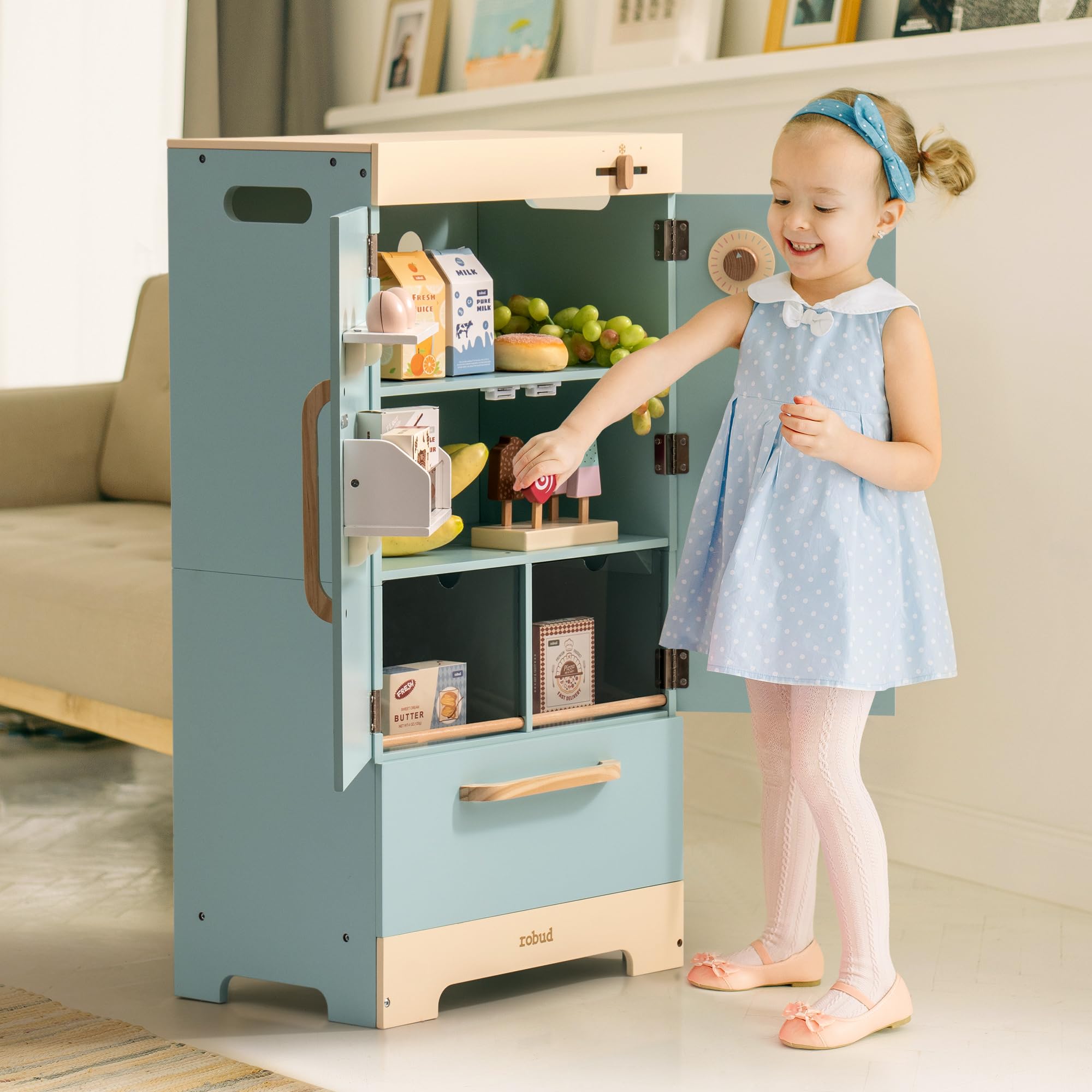 Robud Wooden Play Fridge Freezer Set for Kids