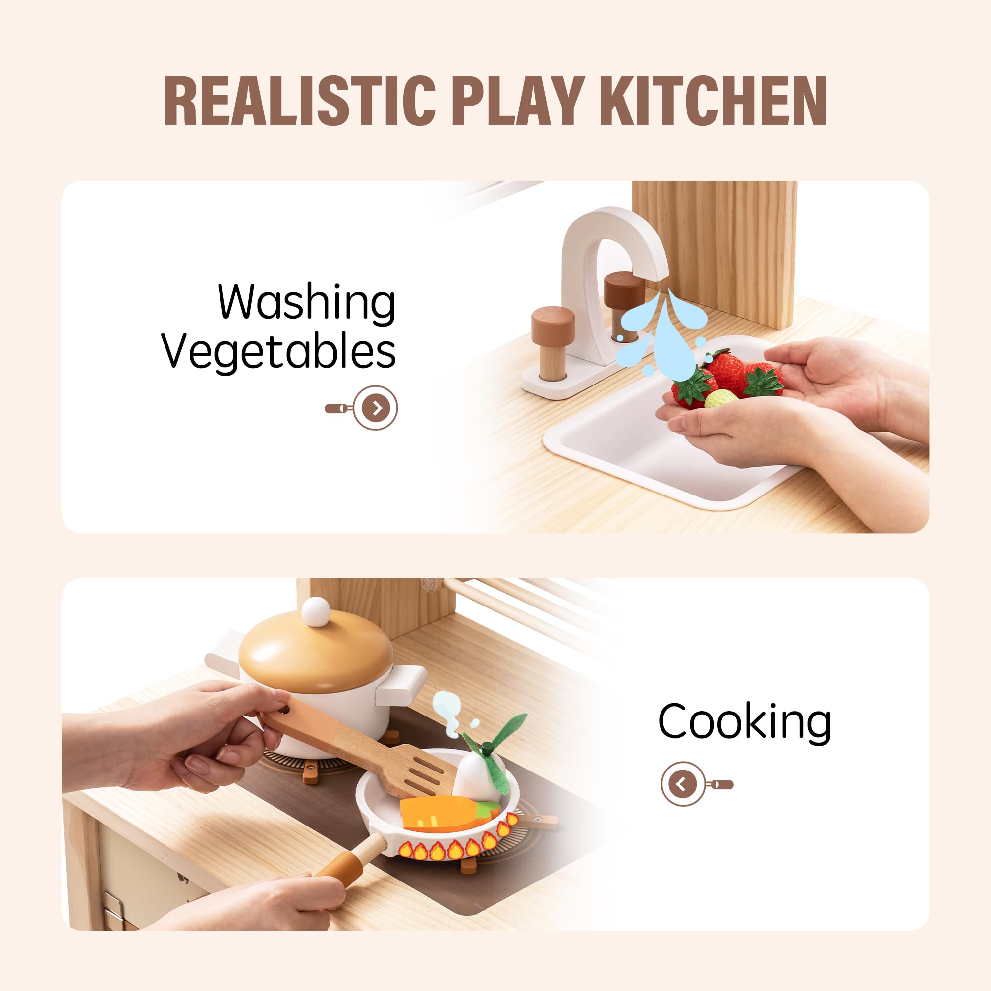 ROBUD Wooden Play Kitchen with Realistic Accessories