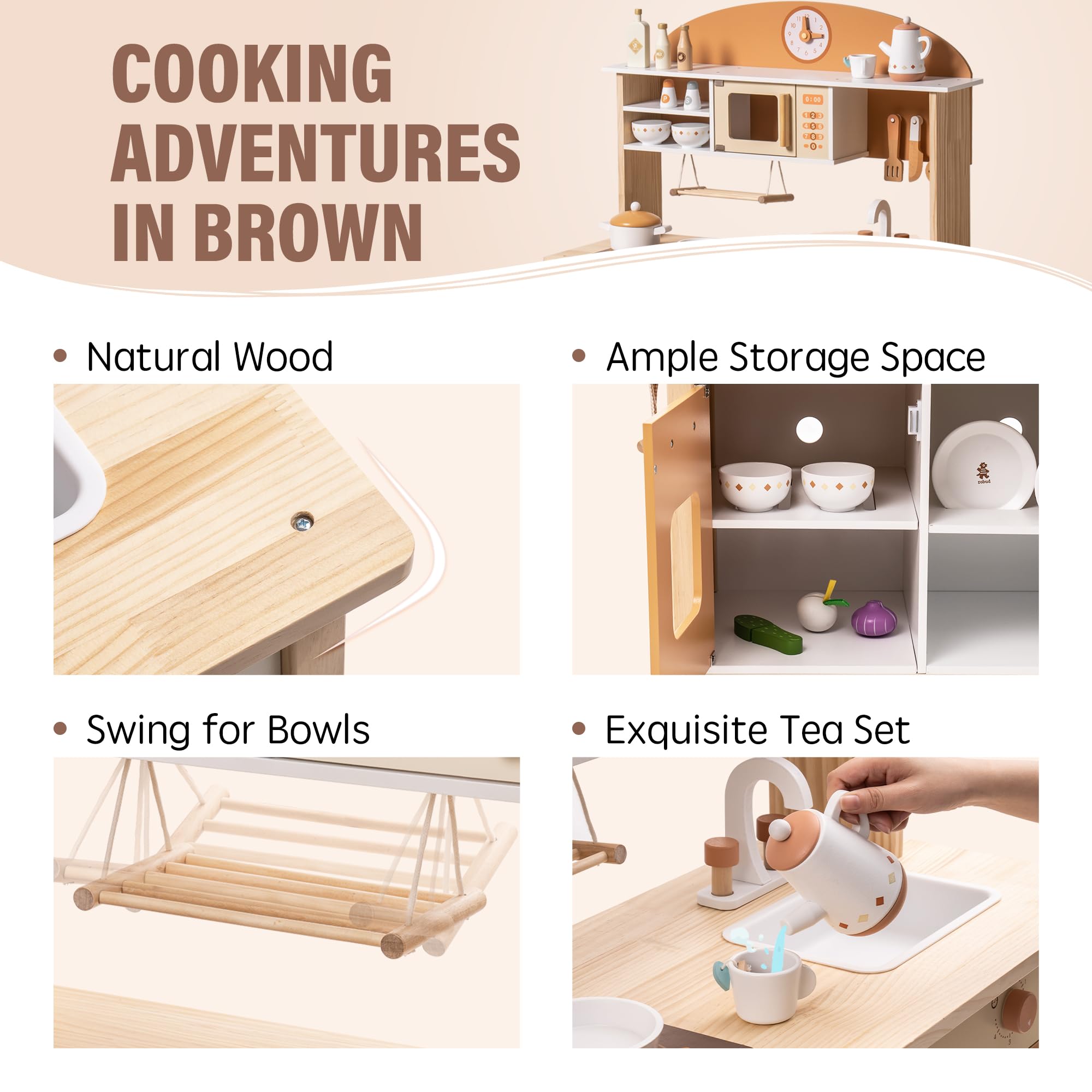 ROBUD Wooden Play Kitchen with Realistic Accessories