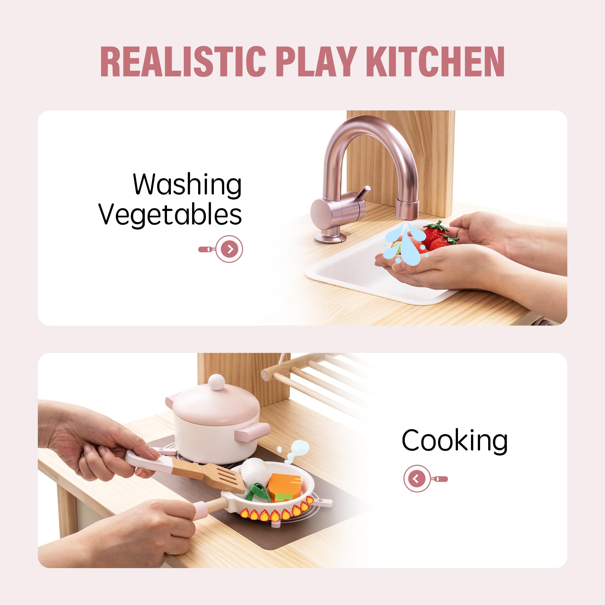 ROBUD Wooden Play Kitchen with Realistic Accessories