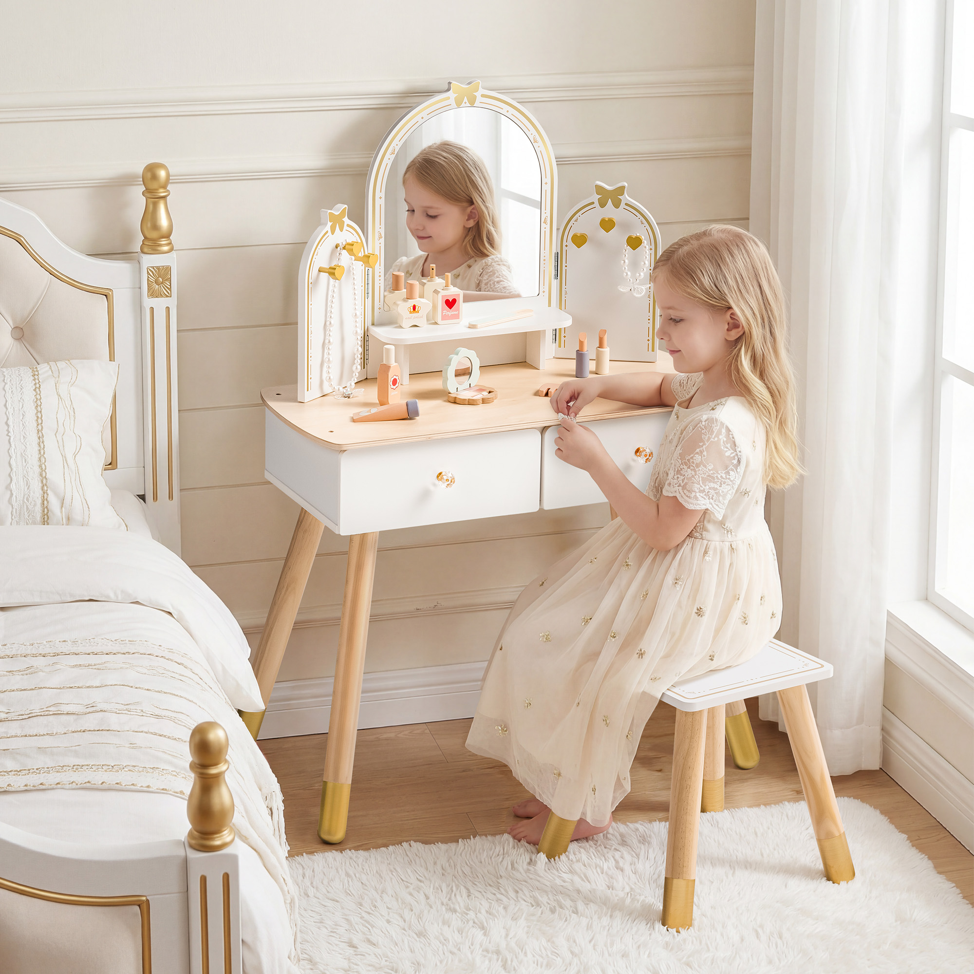 ROBUD Kids Vanity Table and Chair Set - White Gold
