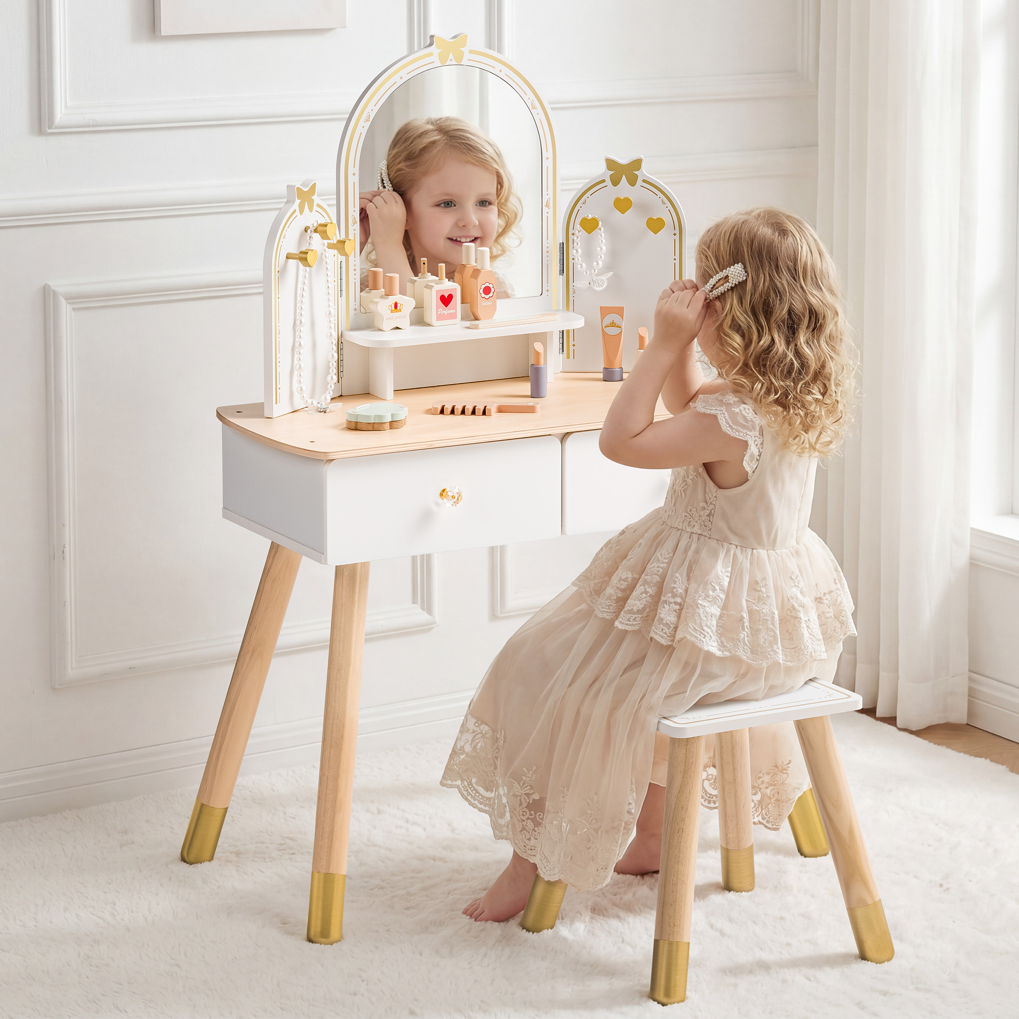 ROBUD Kids Vanity Table and Chair Set - White Gold