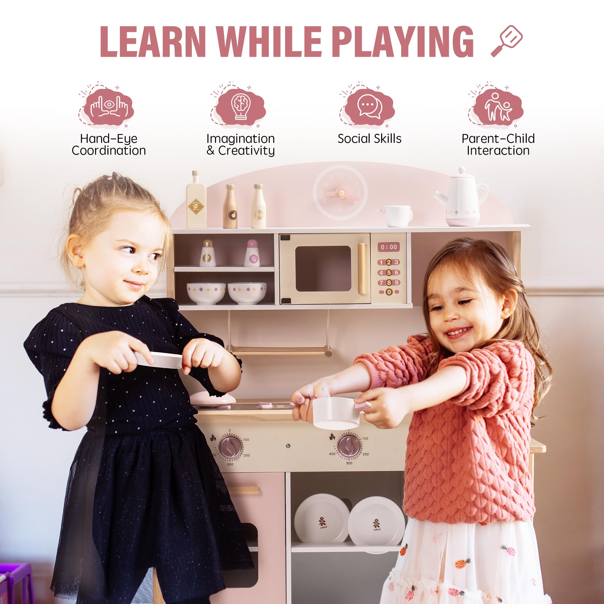 ROBUD Wooden Play Kitchen with Realistic Accessories