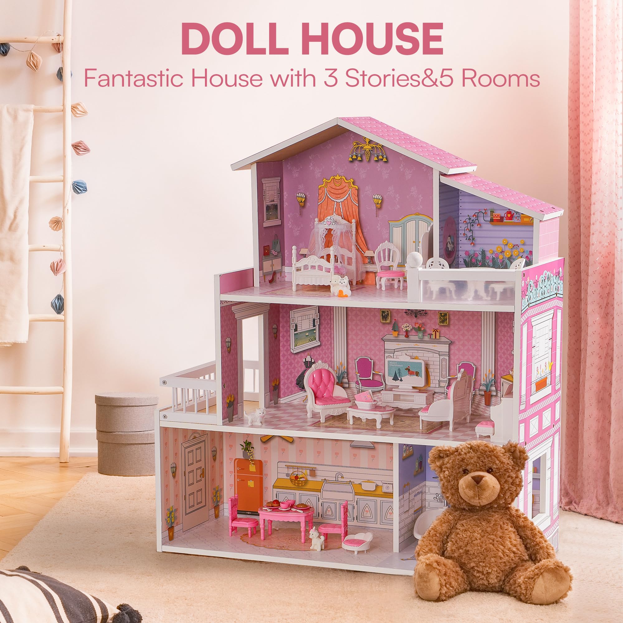 ROBUD Wooden Dollhouse for Kids with 24pcs Furniture Preschool