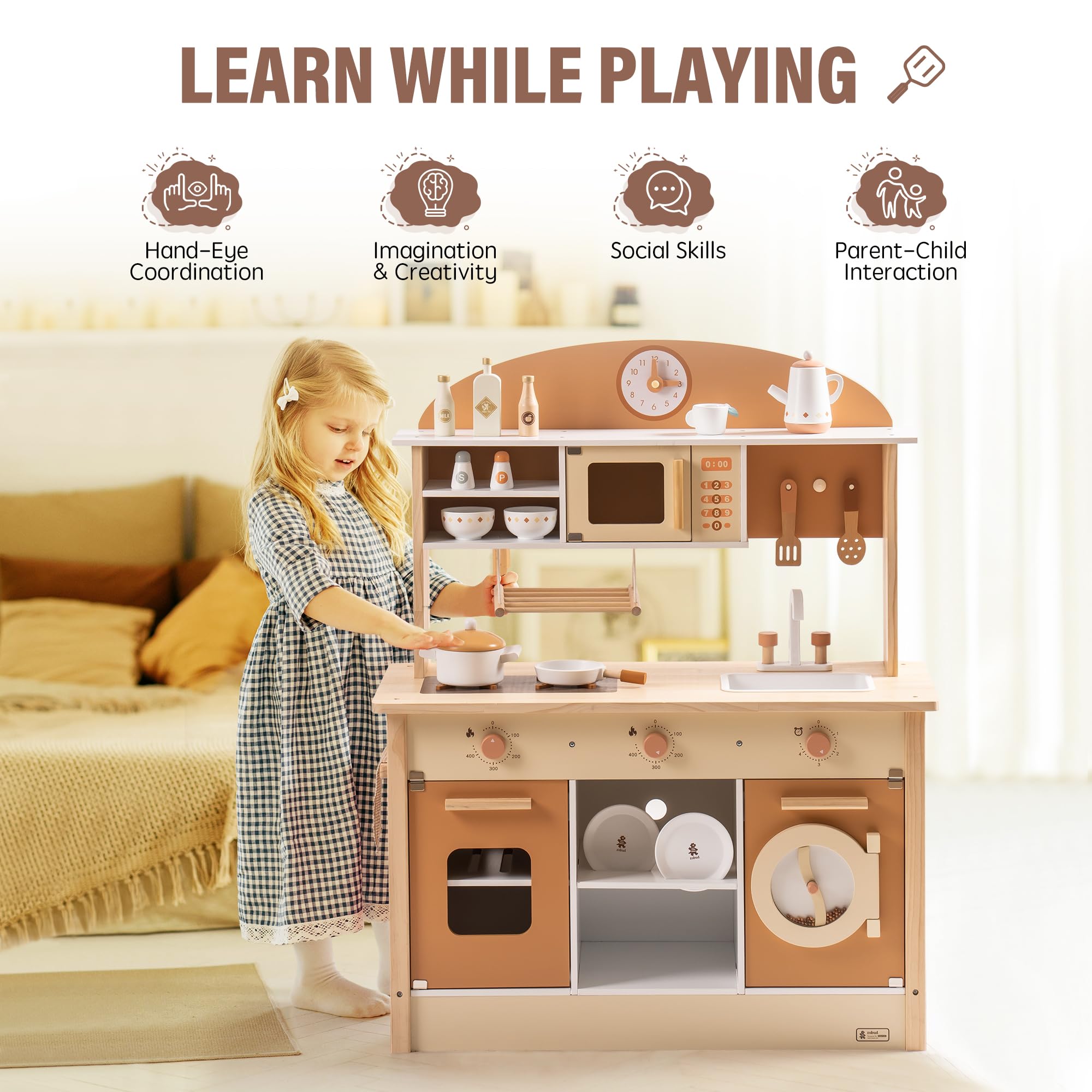 ROBUD Wooden Play Kitchen with Realistic Accessories