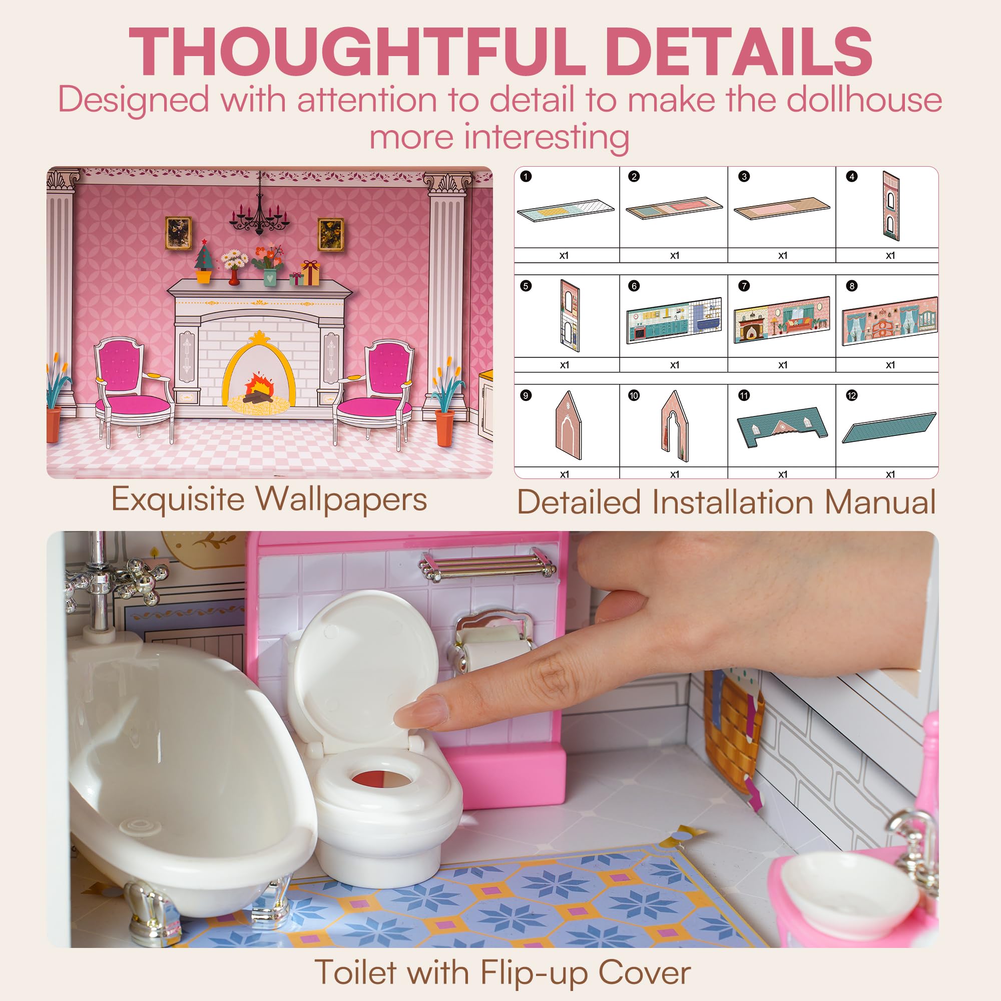 ROBUD Wooden Dollhouse for Kids with 24pcs Furniture Preschool