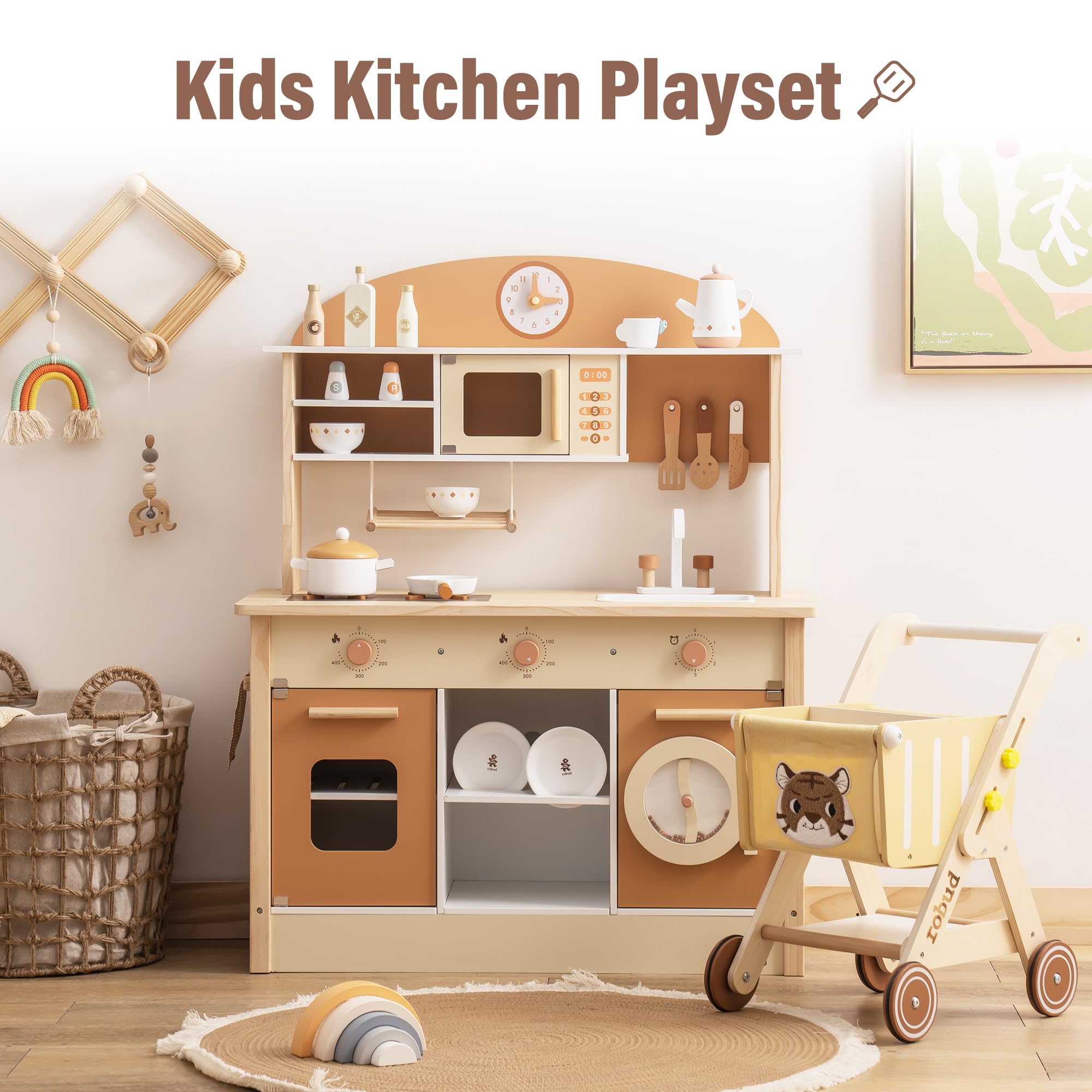ROBUD Wooden Play Kitchen with Realistic Accessories