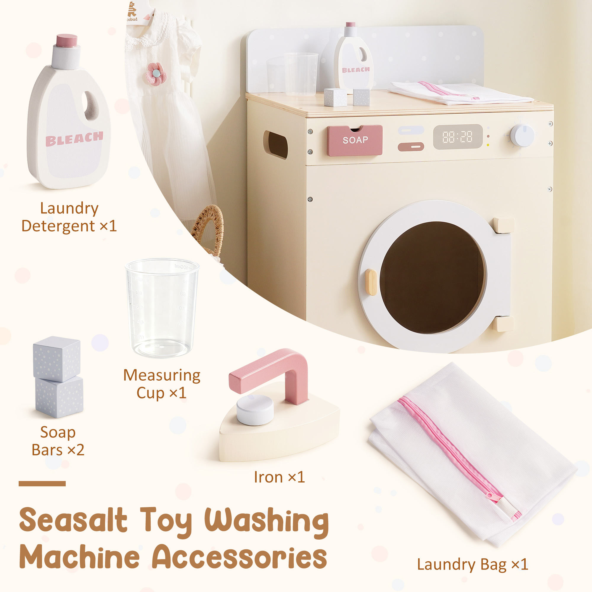ROBUD Wooden Washing Machine Toy with Spinning Drum
