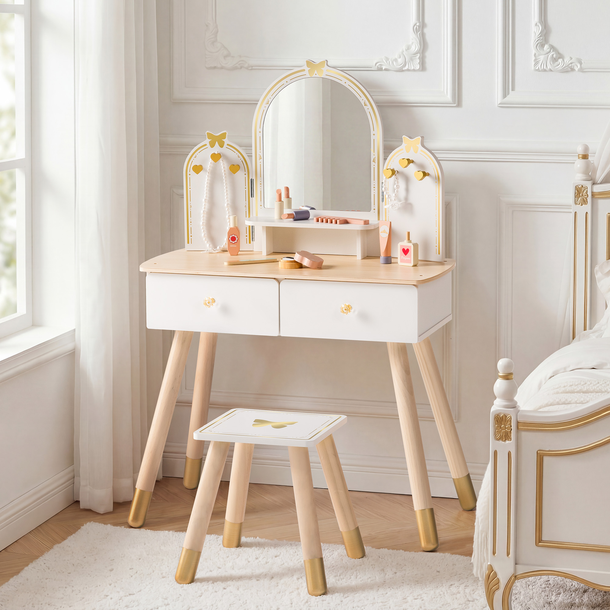 ROBUD Kids Vanity Table and Chair Set - White Gold