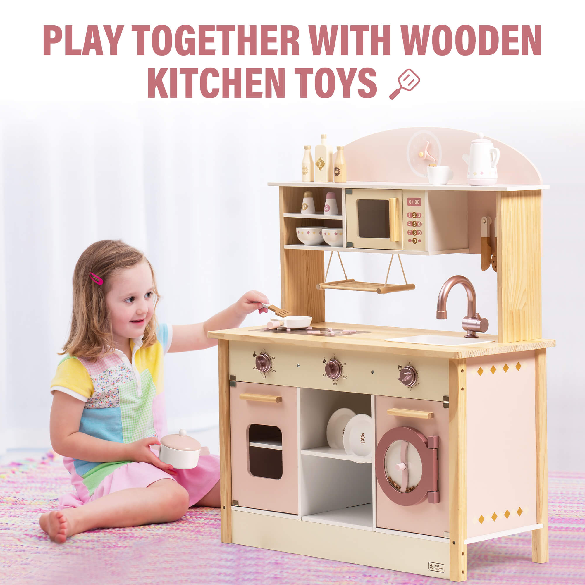 ROBUD Wooden Play Kitchen with Realistic Accessories