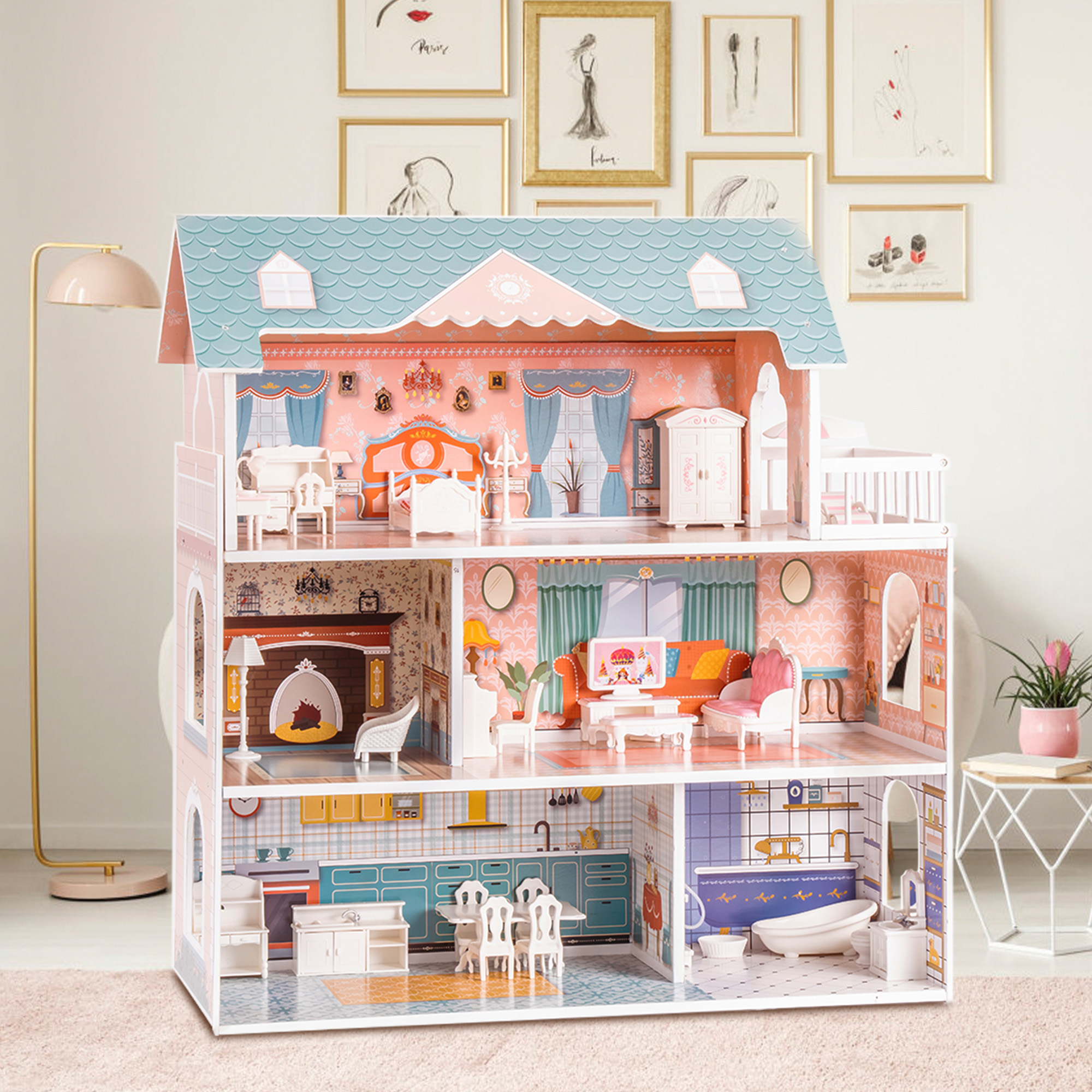 ROBUD Wooden Dollhouse for Kids Girls with Furniture
