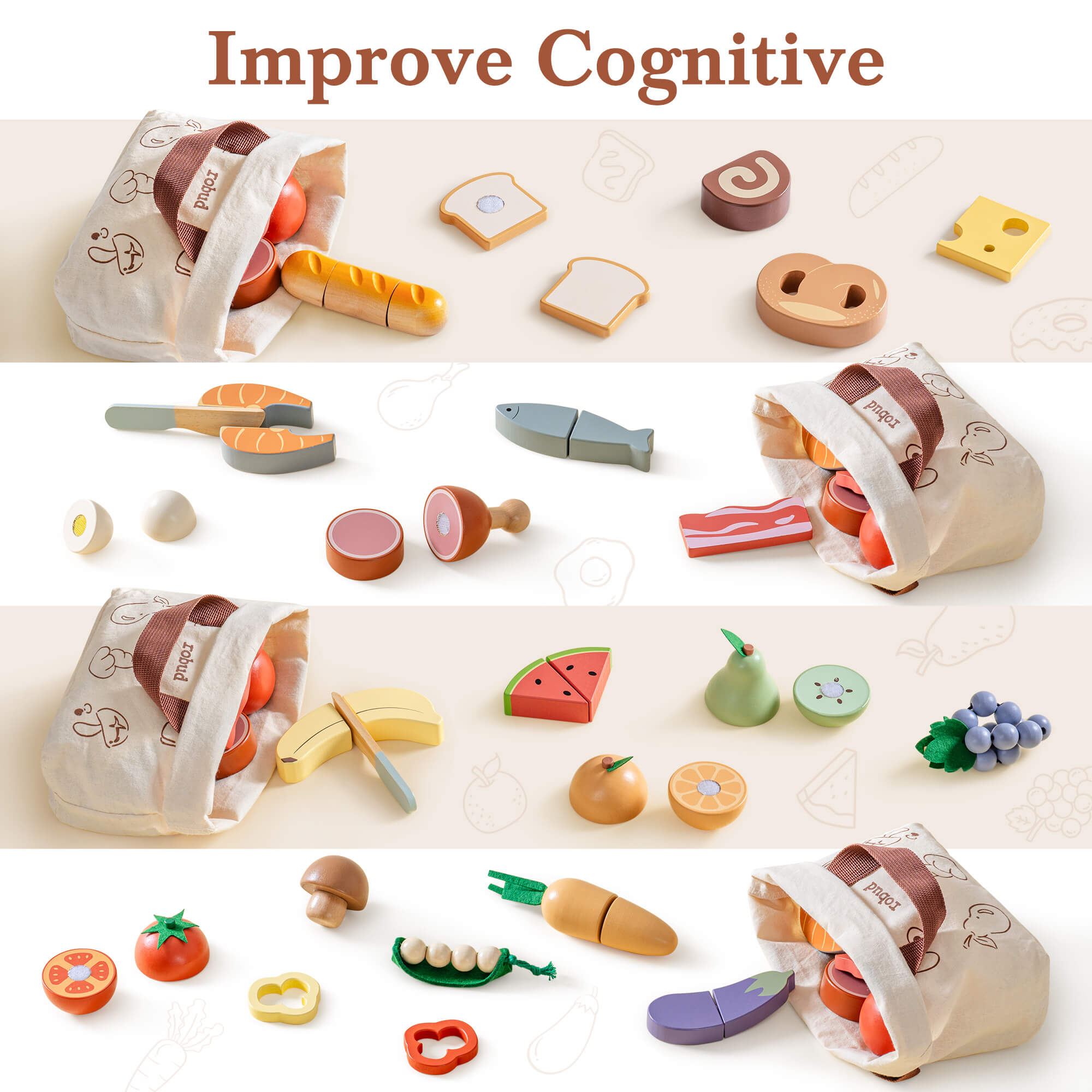 ROBUD Wooden Cutting Food Playset 4-in-1