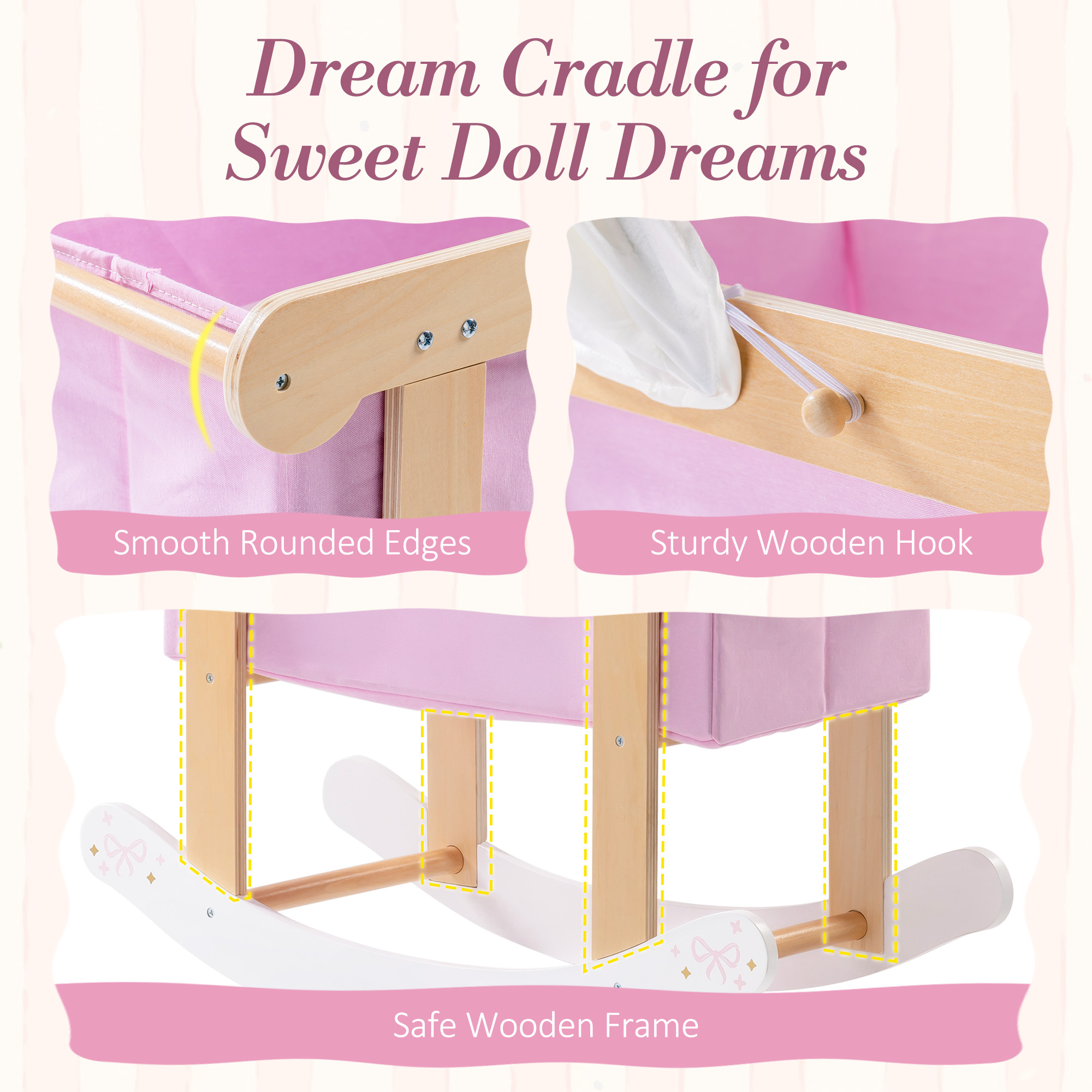 ROBUD Wooden Doll Rocking Cradle