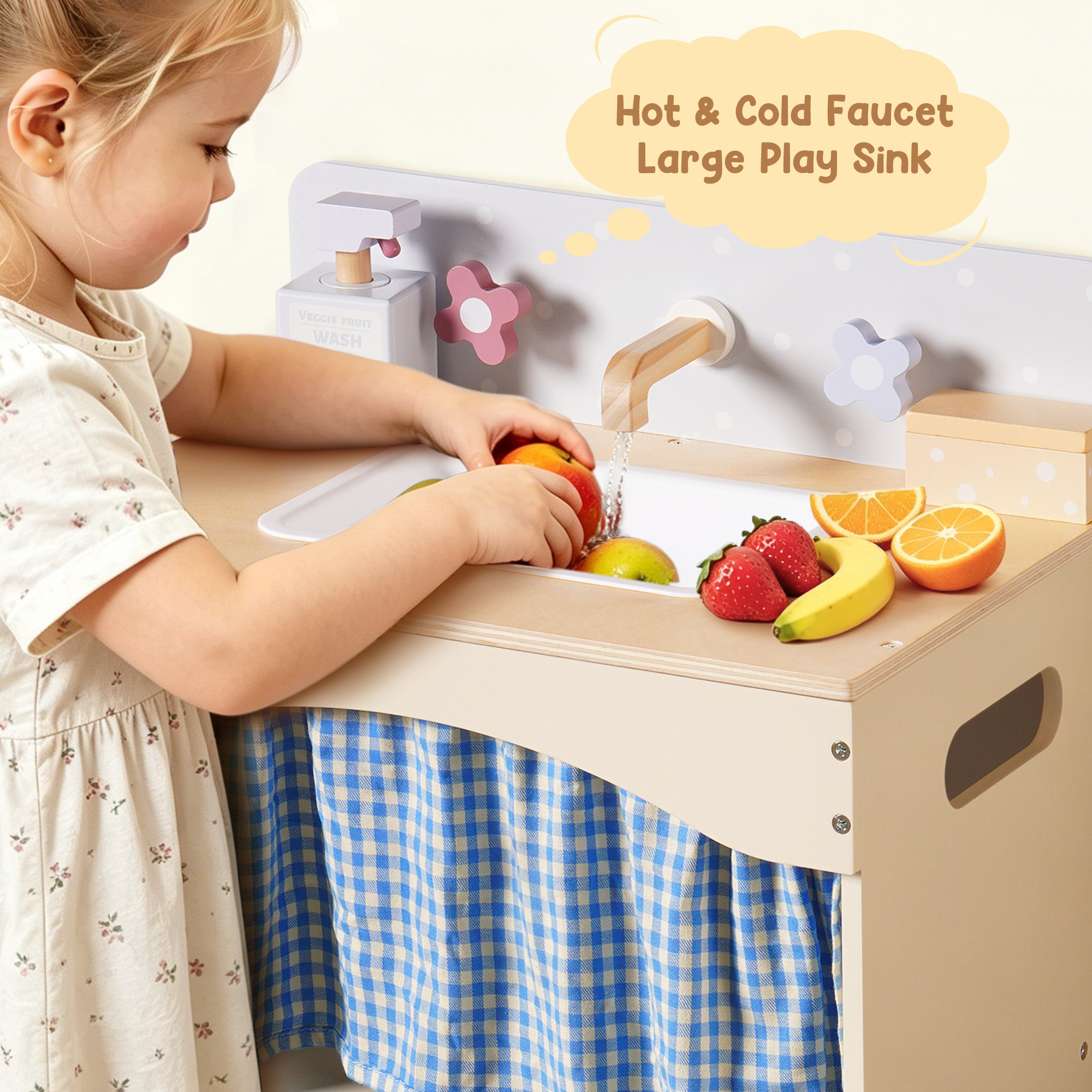 ROBUD Toy Kitchen Cabinet with Realistic Sink and Faucet