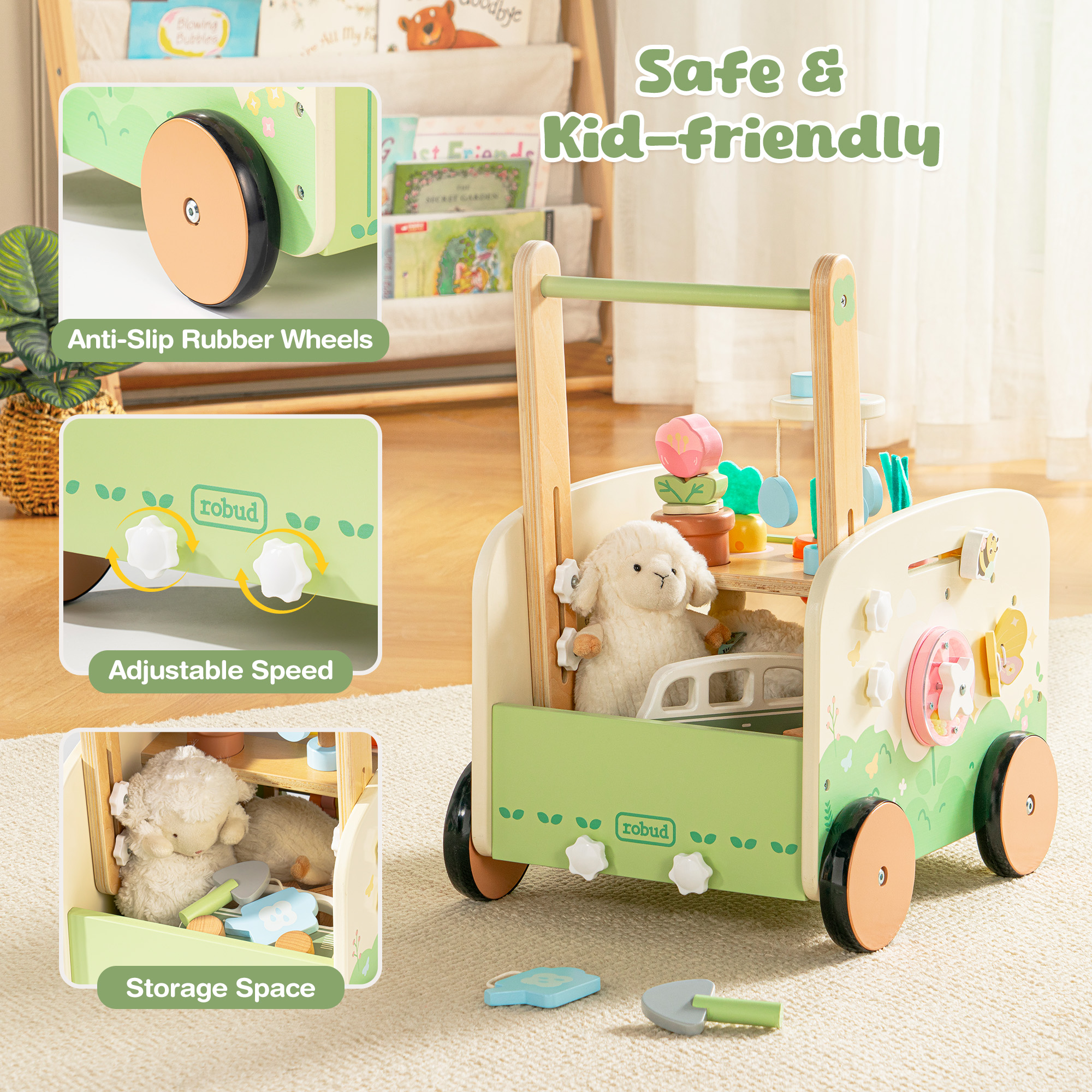 ROBUD Wooden Baby Walker with Garden Activity Center