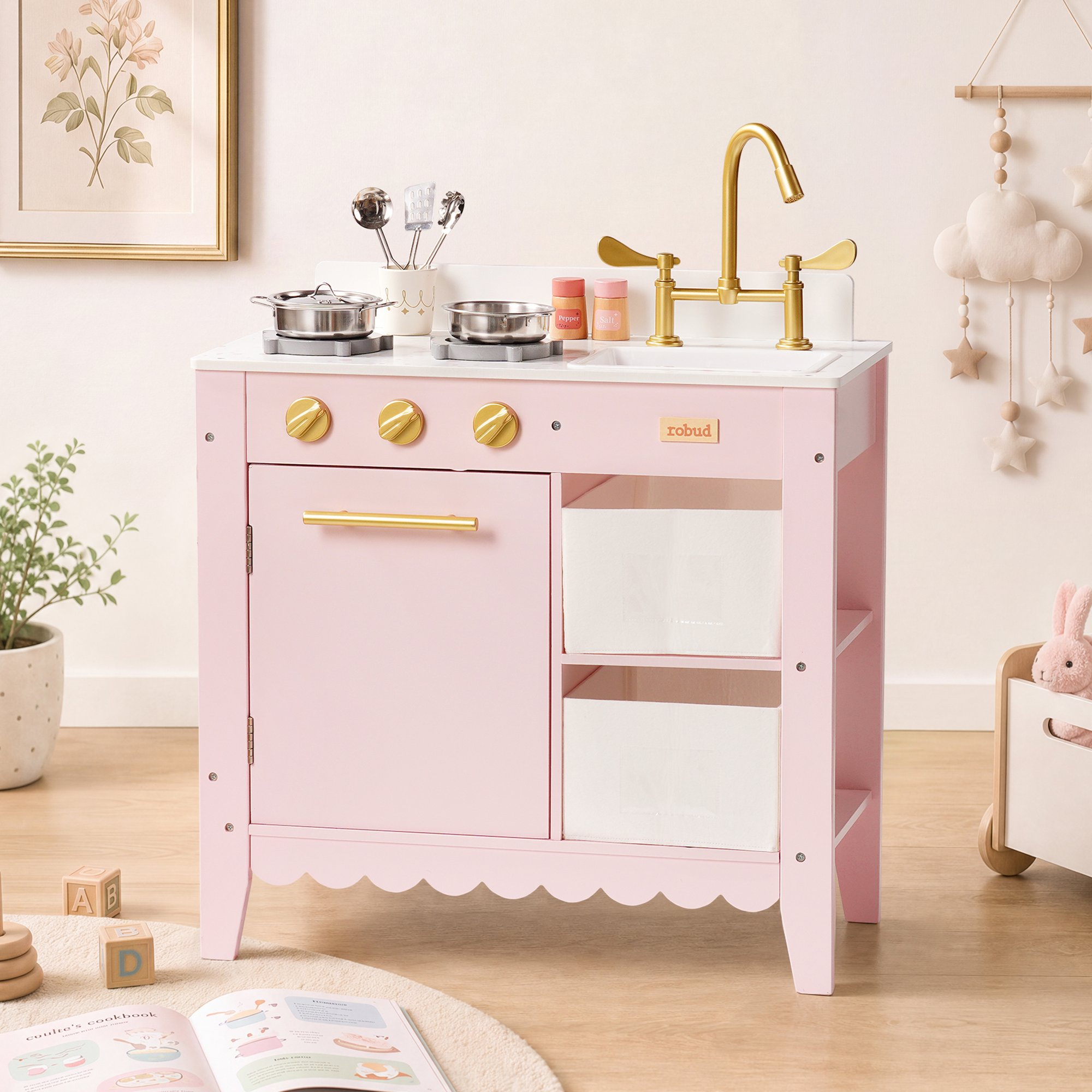 ROBUD Wooden Play Kitchen for Toddlers - Pink – Image 1