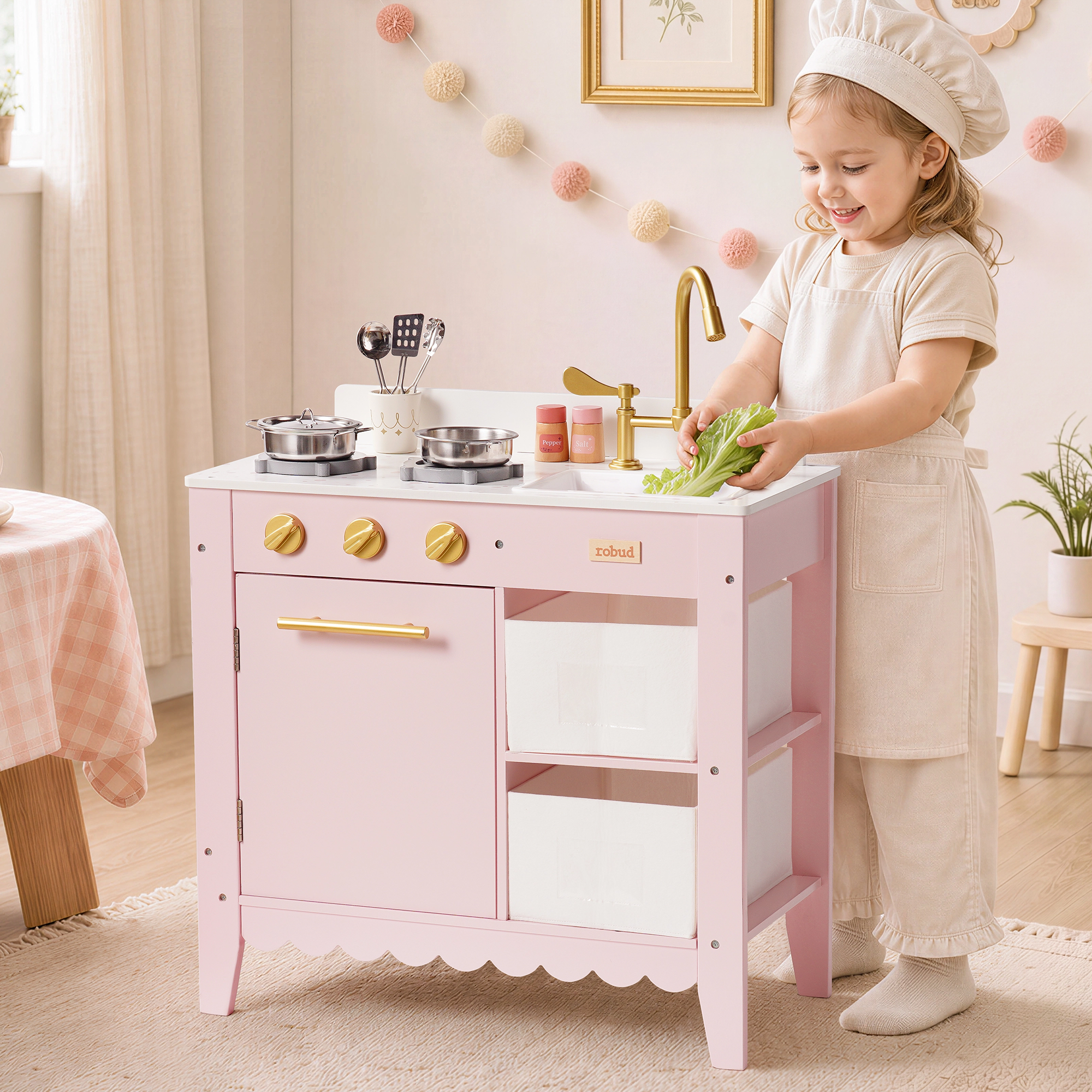 ROBUD Wooden Play Kitchen for Toddlers - Pink – Image 3