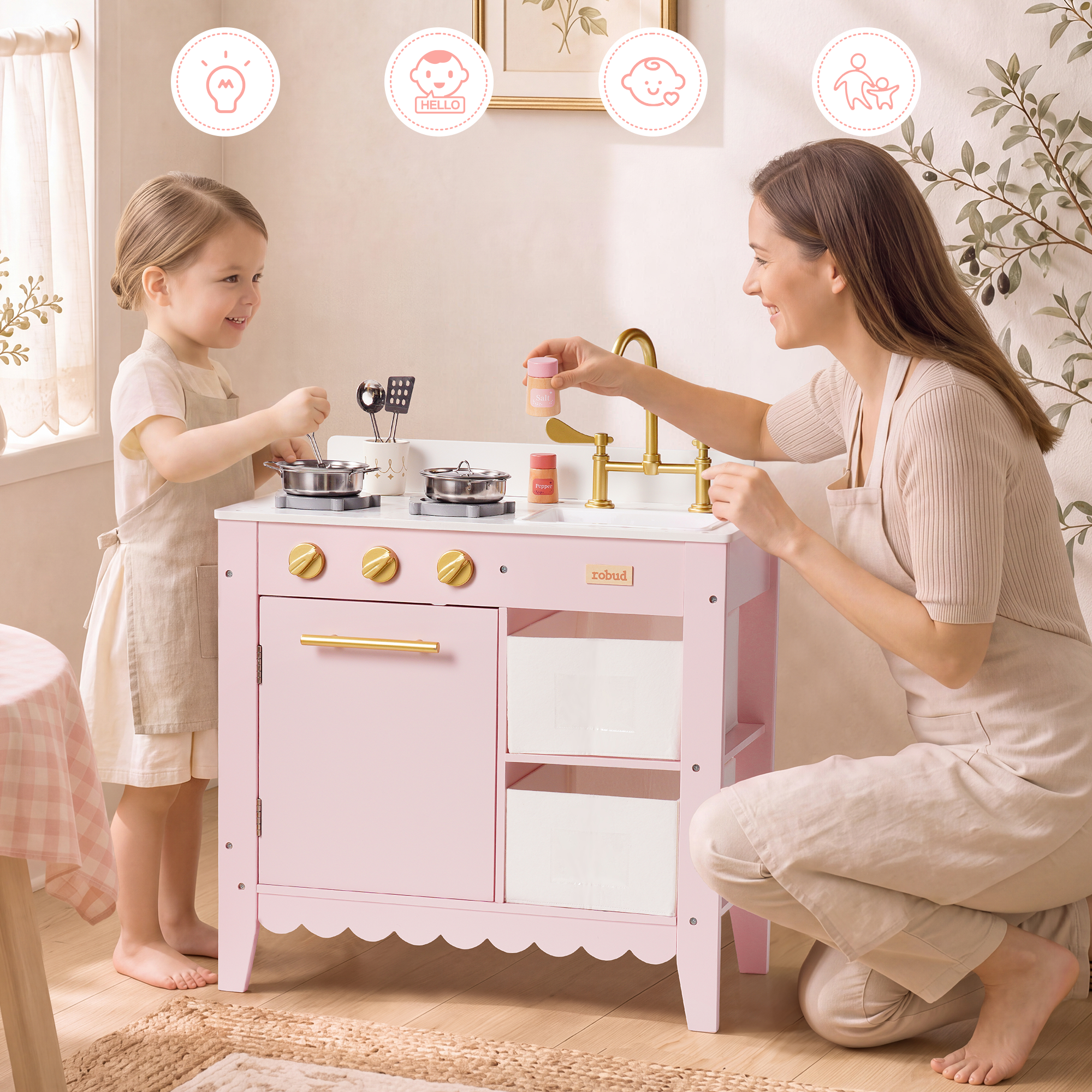 ROBUD Wooden Play Kitchen for Toddlers - Pink – Image 5